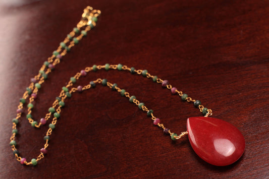 Ruby Zoisite Beaded Rosary Gold Chain Necklace with Ruby Jade 20x30mm Pear Drop Pendant 16-30" Necklace