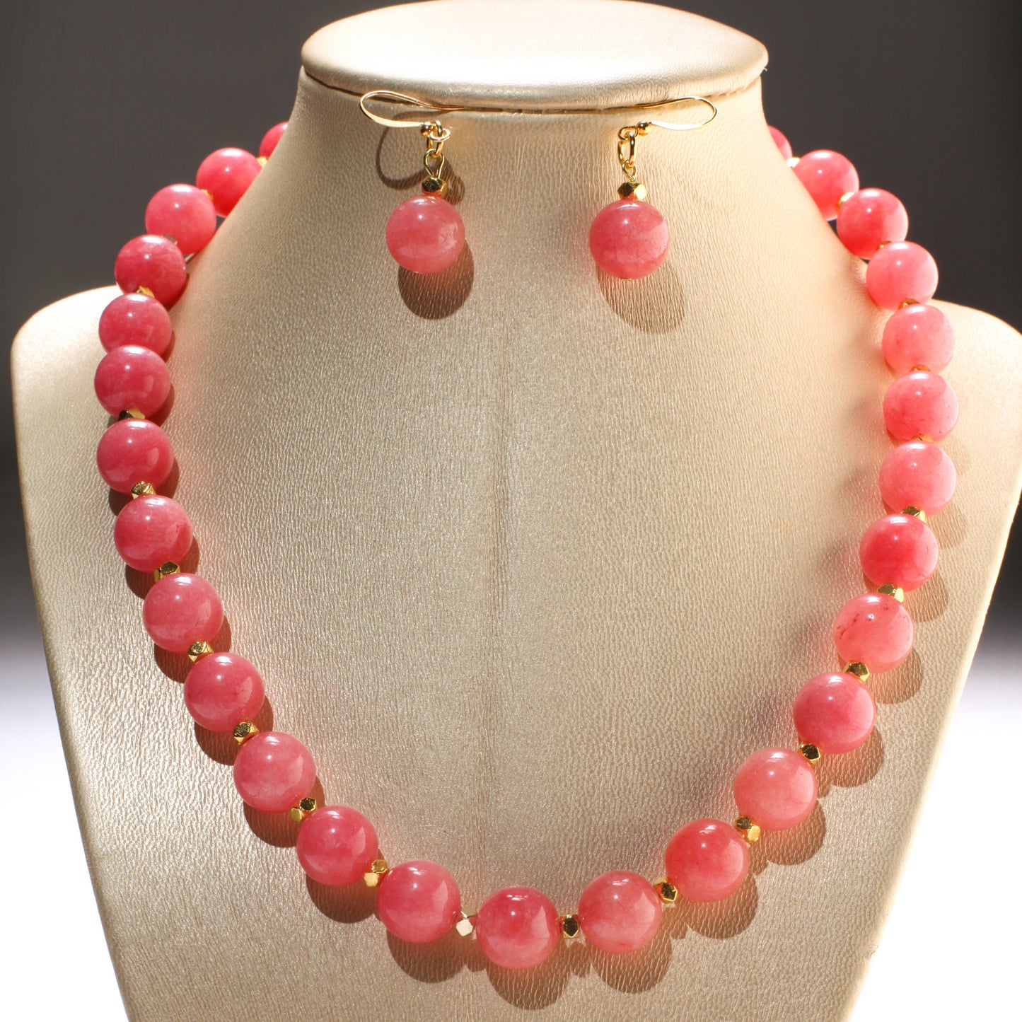 Pink Jade 12mm Round Necklace with Bali Style Gold Spacer Bead, Matching Pink Jade Earrings Jewelry Set.