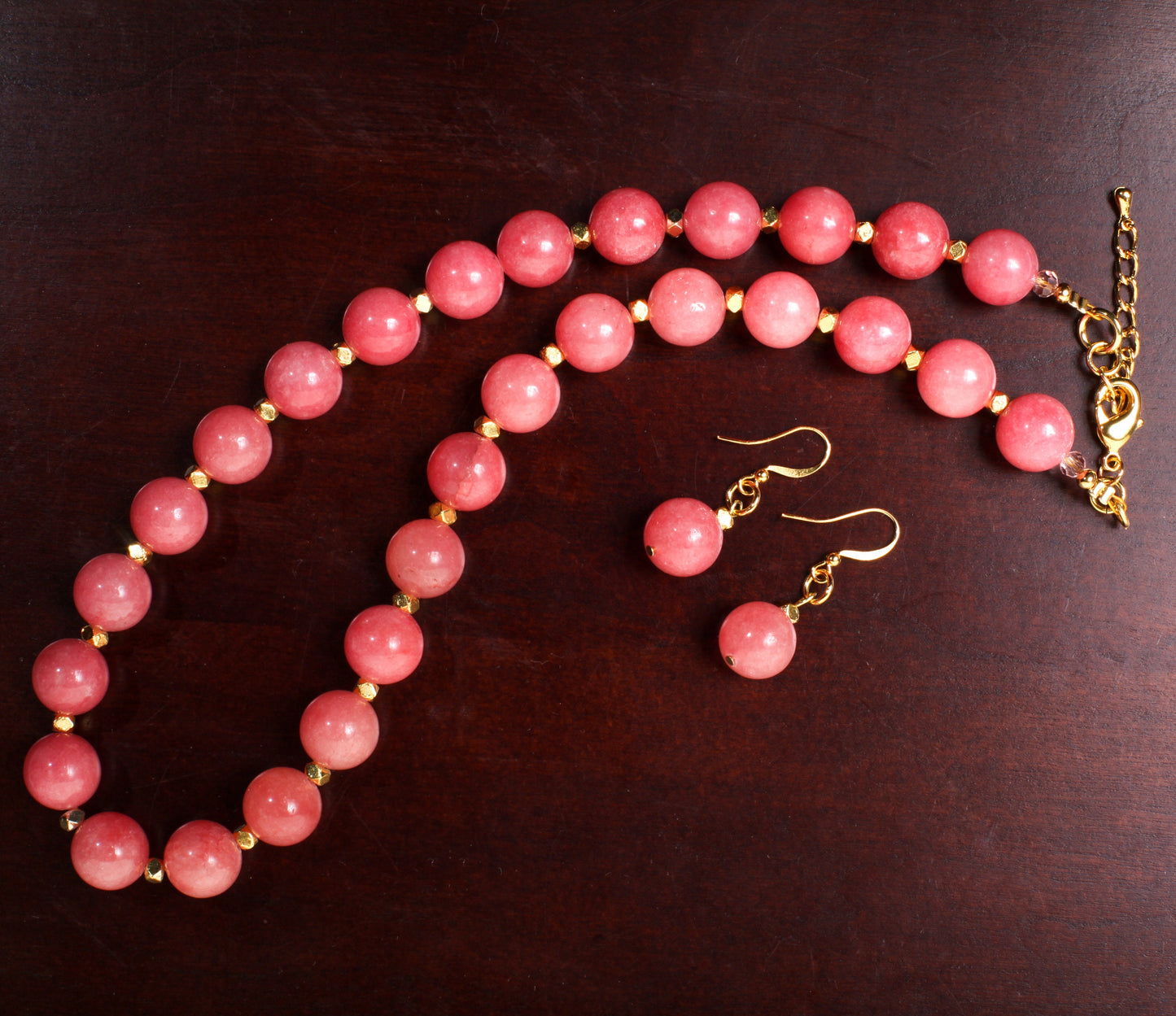 Pink Jade 12mm Round Necklace with Bali Style Gold Spacer Bead, Matching Pink Jade Earrings Jewelry Set.