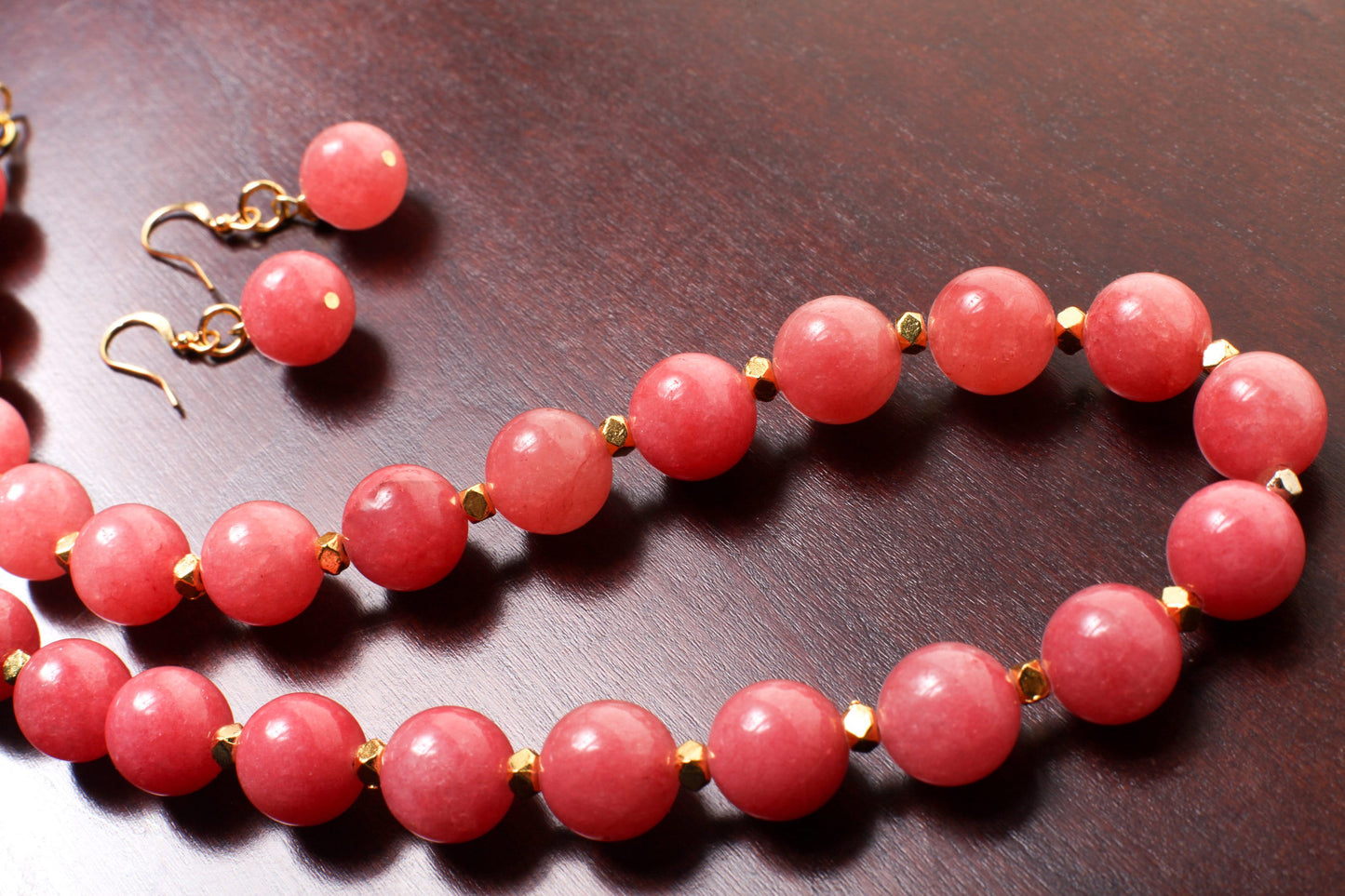 Pink Jade 12mm Round Necklace with Bali Style Gold Spacer Bead, Matching Pink Jade Earrings Jewelry Set.