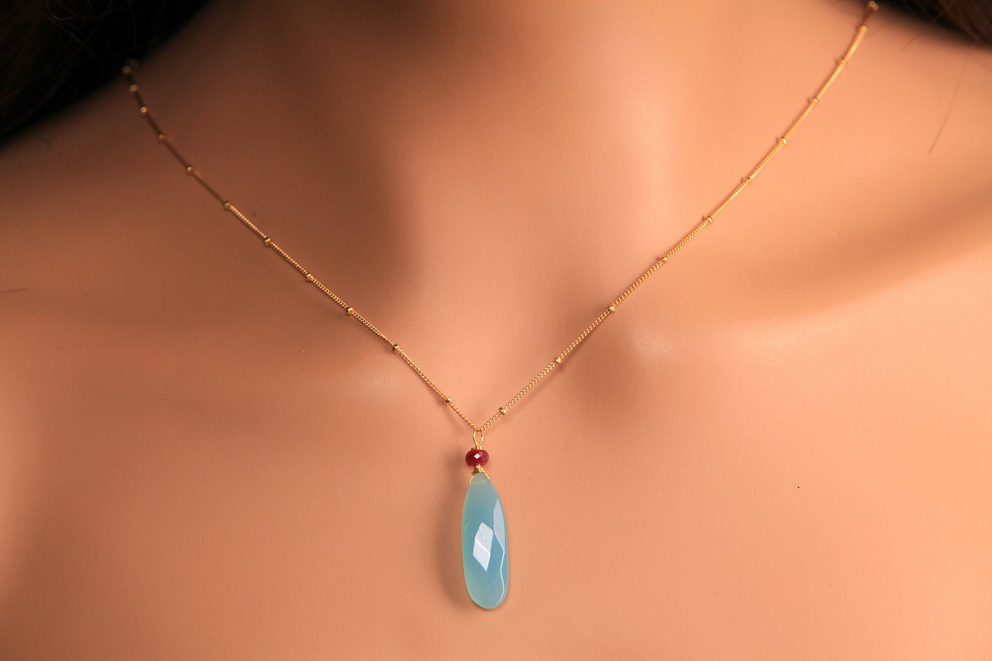 Genuine Blue Chalcedony Faceted Long Pear Drop, genuine Ruby accent 14k Gold Filled Satellite Howl Necklace