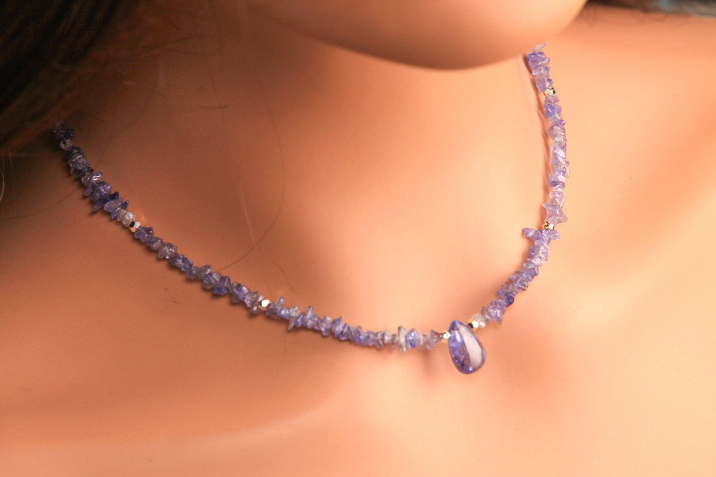 Natural Tanzanite Raw Chips with Tanzanite Teardrop Charm Necklace with 2" Extension Chain