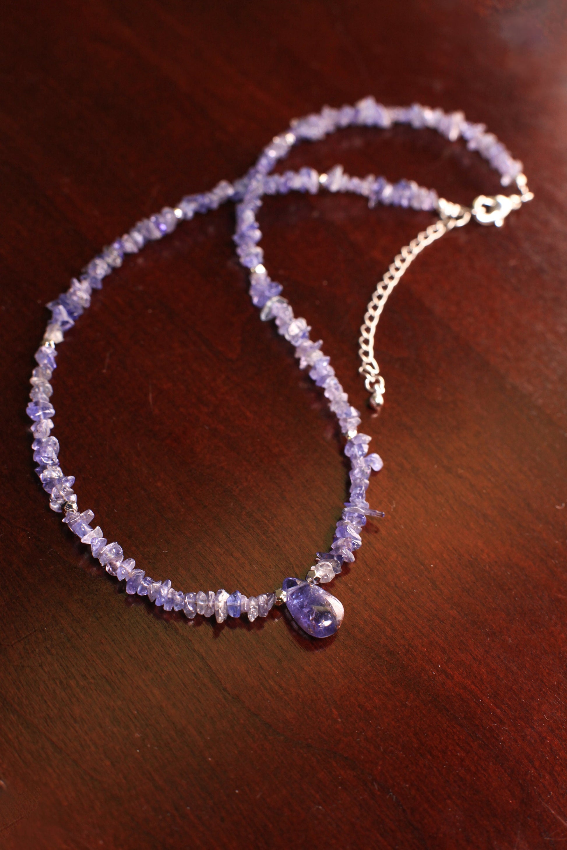 Natural Tanzanite Raw Chips with Tanzanite Teardrop Charm Necklace with 2" Extension Chain