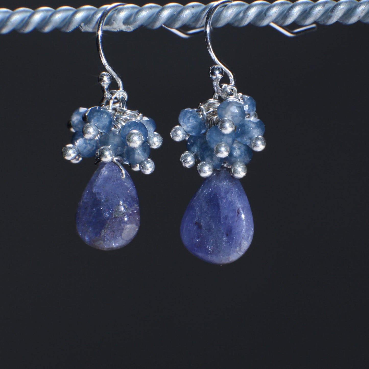 925 Sterling Silver Tanzanite Clusters and Dangling Teardrop Earrings. Optional in Leverback, also available in 14 Gold Filled