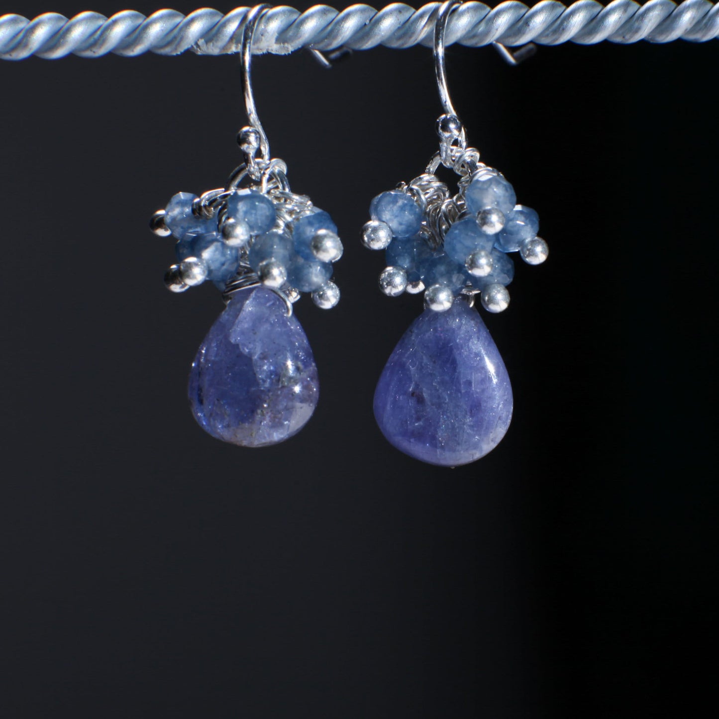 925 Sterling Silver Tanzanite Clusters and Dangling Teardrop Earrings. Optional in Leverback, also available in 14 Gold Filled