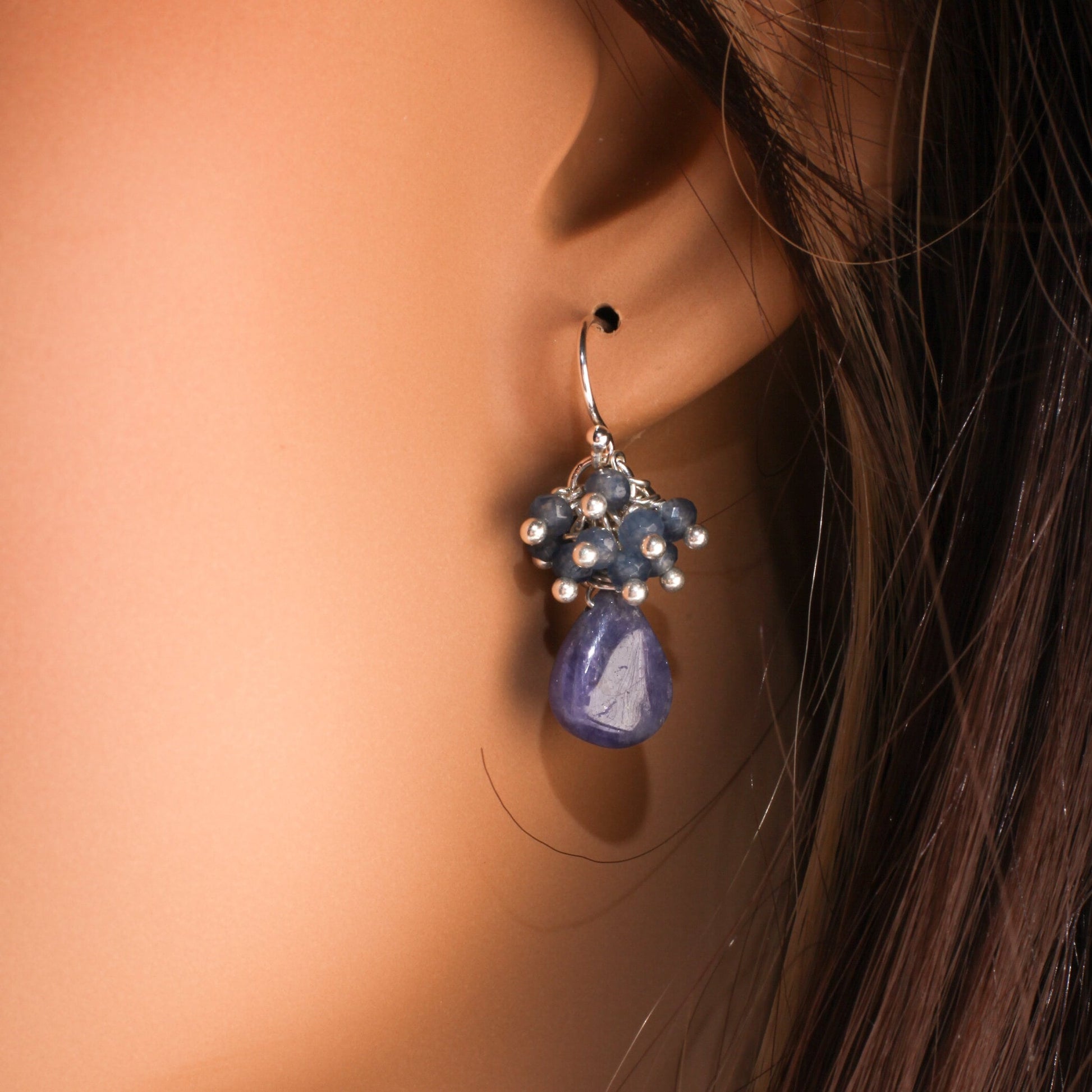 925 Sterling Silver Tanzanite Clusters and Dangling Teardrop Earrings. Optional in Leverback, also available in 14 Gold Filled