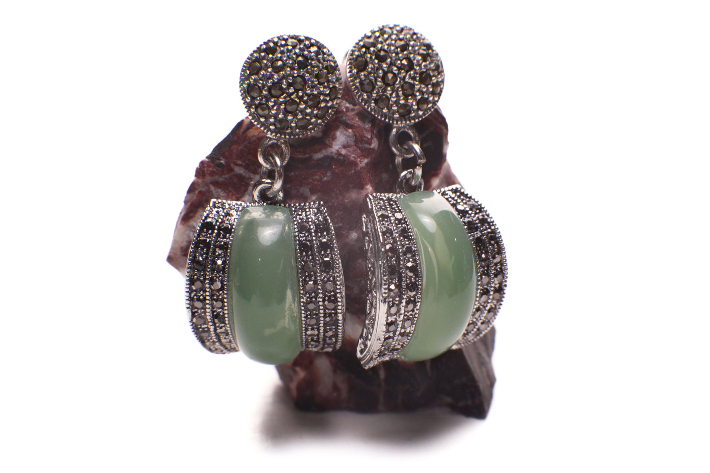 Marcasite Jade Earrings 925 Sterling Silver Post Earrings, Vintage, Antique Marcasite Earrings Gift for her