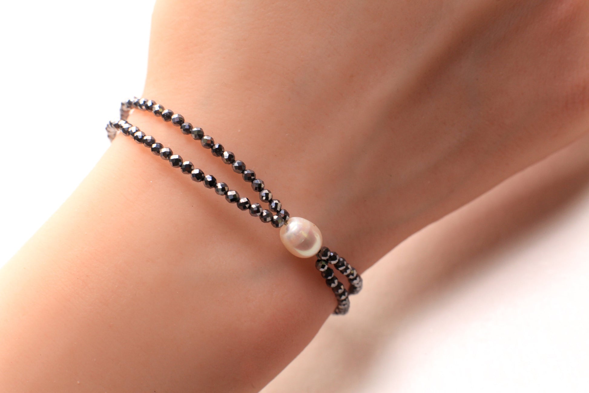 Natural Terahertz 2mm Micro Faceted Diamond Cut 925 Sterling Silver Double Layer Freshwater Pearl Bracelet