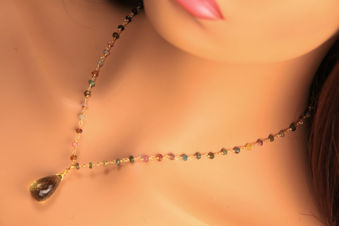 Natural Whiskey Quartz pear drop Wire Wrapped Briolette Dangle on Multi Tourmaline gold beaded chain Handmade Necklace Gift