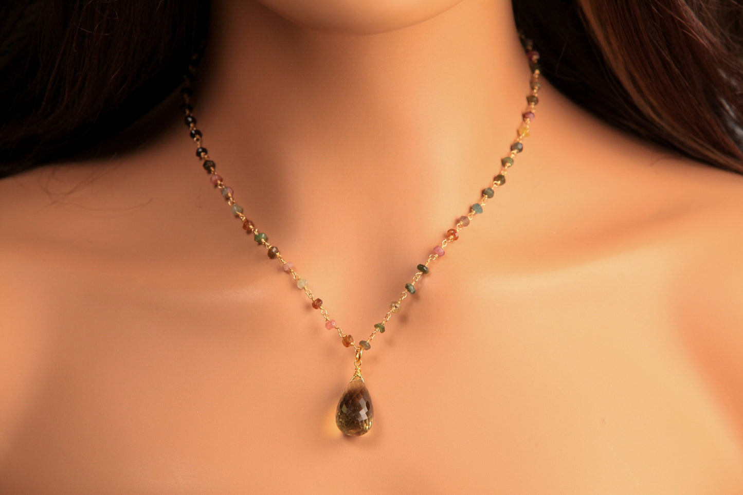 Natural Whiskey Quartz pear drop Wire Wrapped Briolette Dangle on Multi Tourmaline gold beaded chain Handmade Necklace Gift