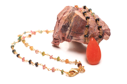 Natural Multi Tourmaline wire wrapped chain and Orange Carnelian long drop pendant 18k gold vermeil handmade necklace