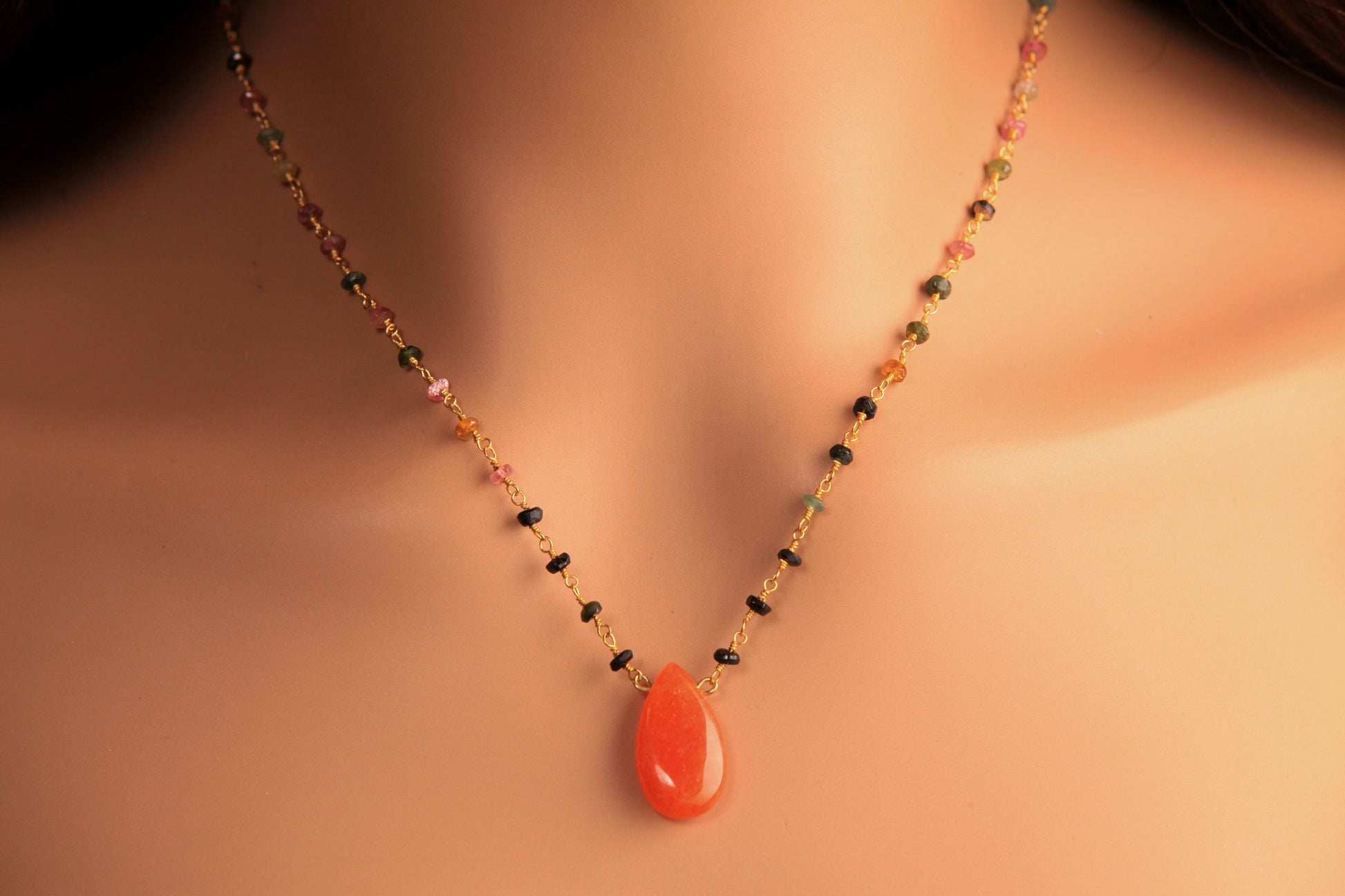 Natural Multi Tourmaline wire wrapped chain and Orange Carnelian long drop pendant 18k gold vermeil handmade necklace