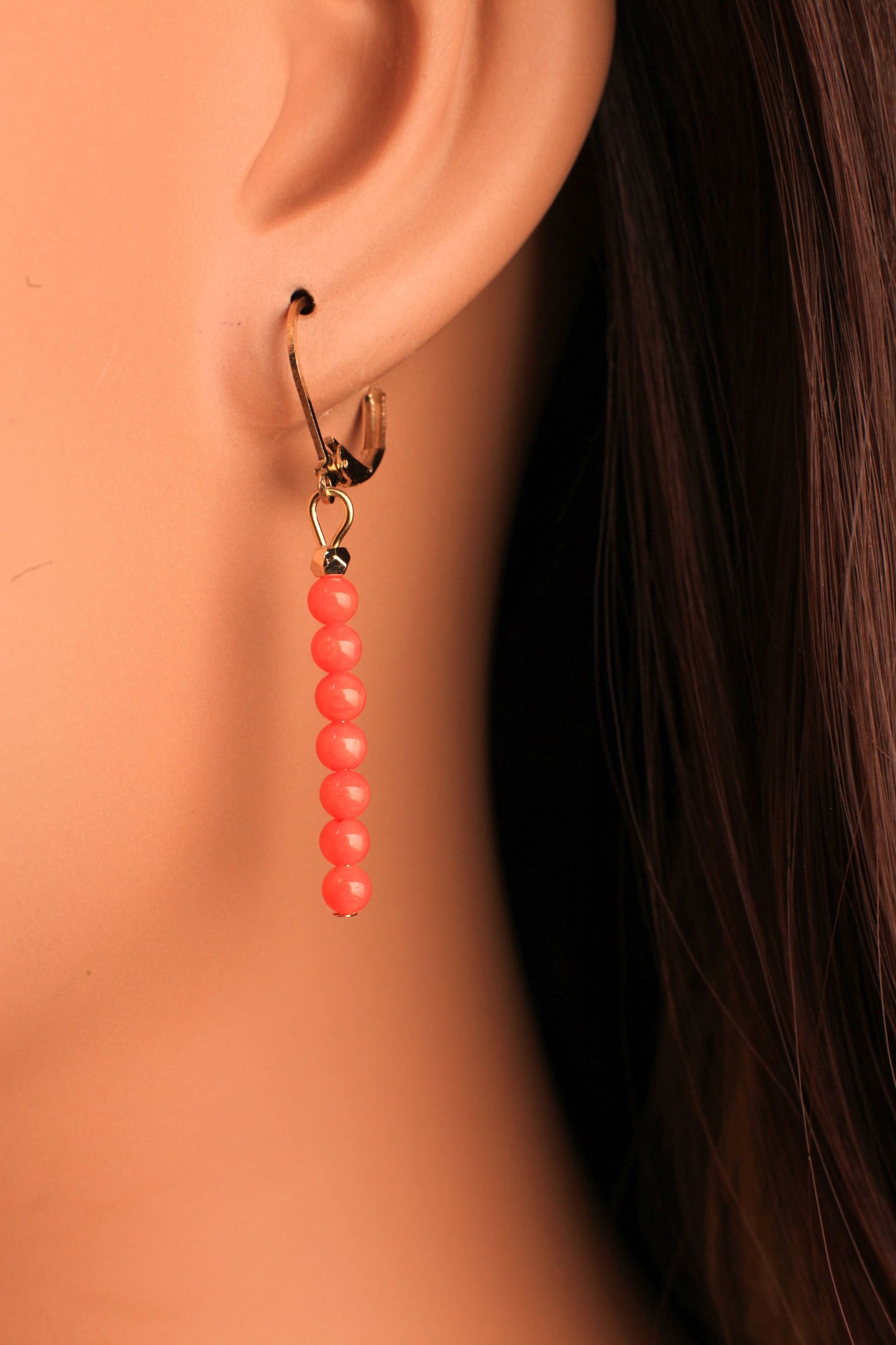 Genuine Salmon Pink Coral 4mm Round beaded Handmade Gold Bar Earrings