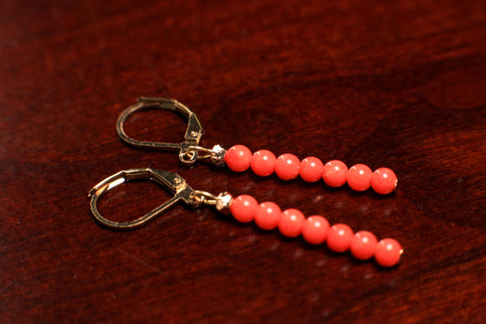 Genuine Salmon Pink Coral 4mm Round beaded Handmade Gold Bar Earrings