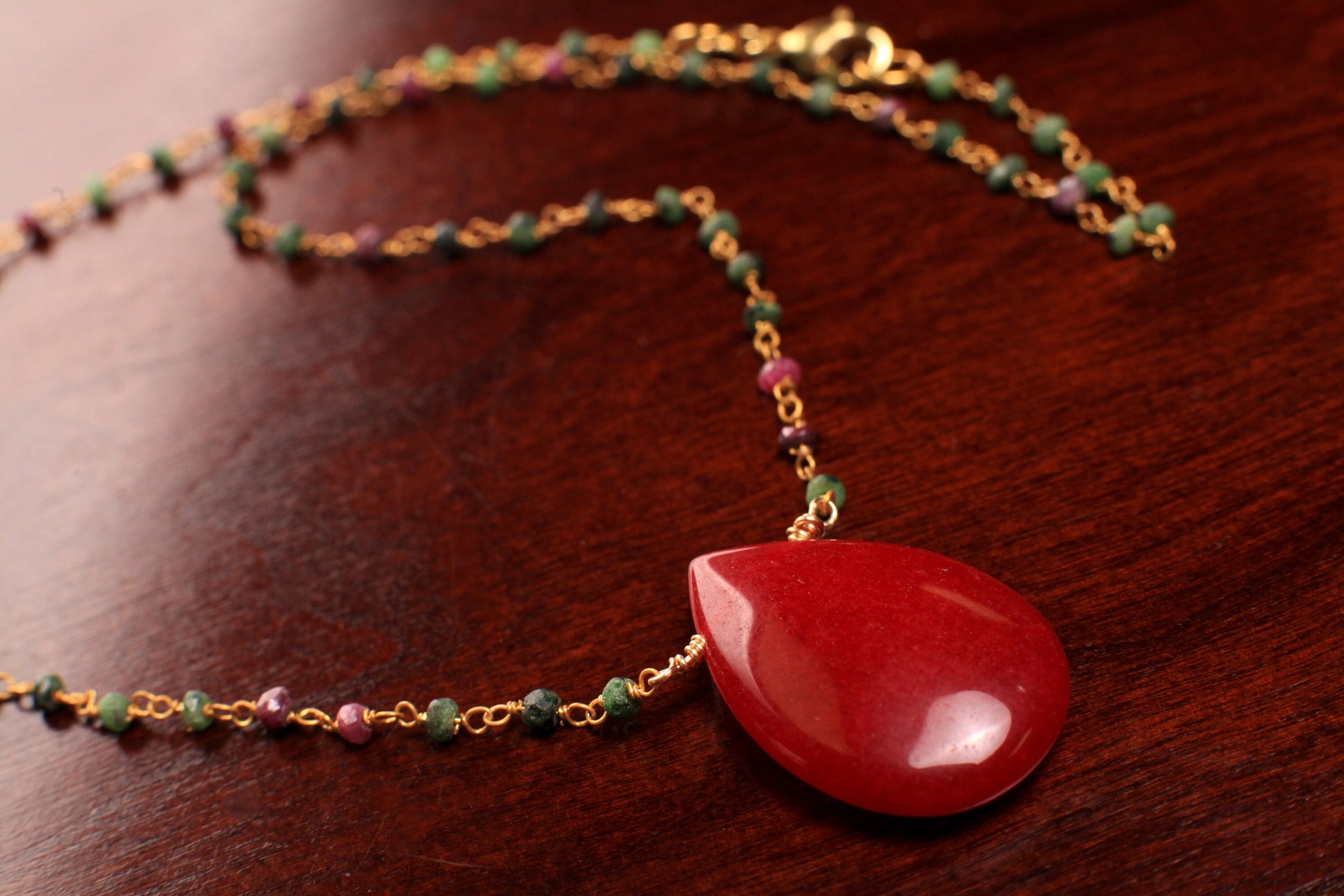 Ruby Zoisite Beaded Rosary Gold Chain Necklace with Ruby Jade 20x30mm Pear Drop Pendant 16-30" Necklace