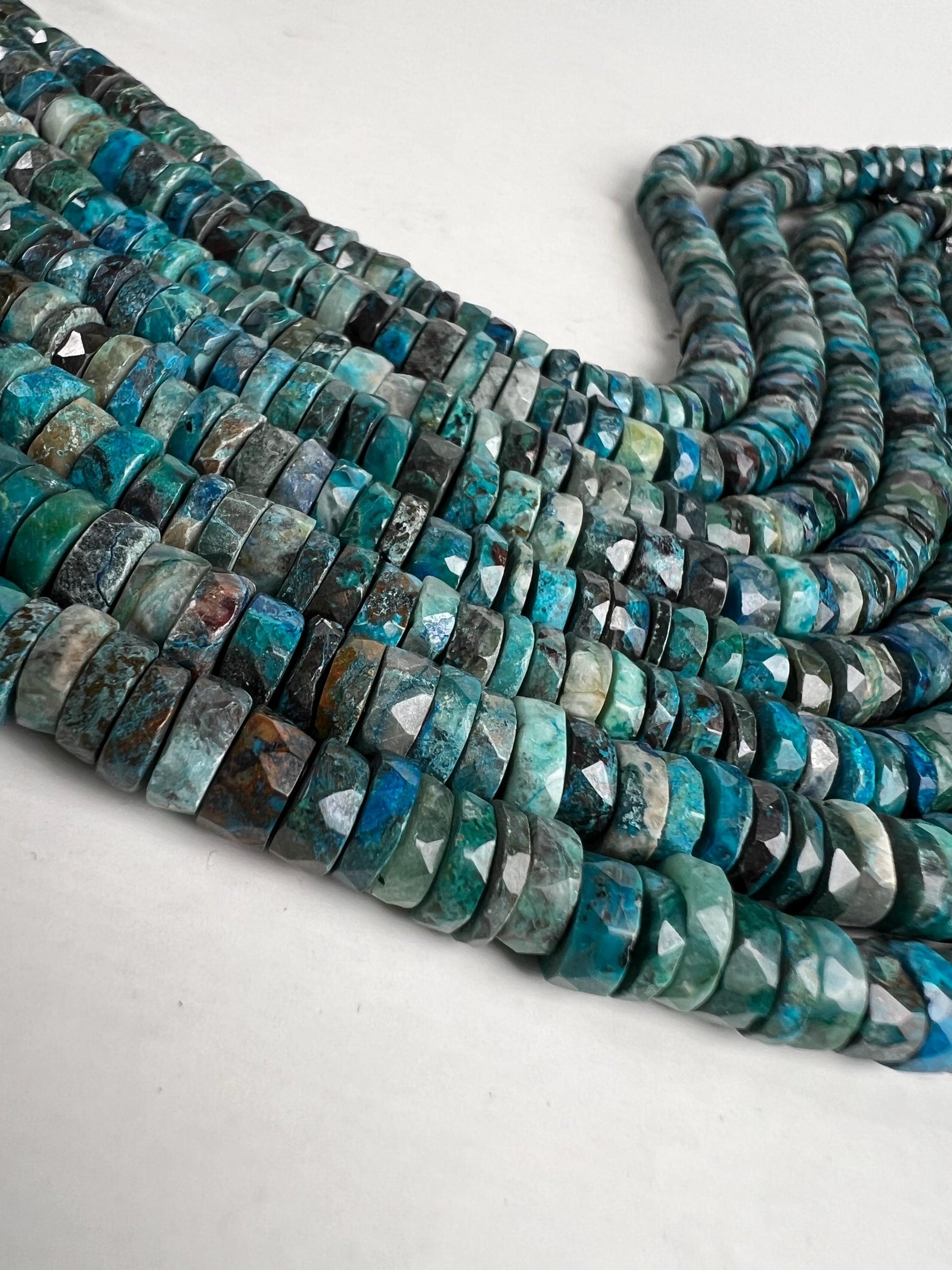 Natural Chrysocolla Faceted heishi wheel tyr roundel 7mm Beautiful blue green AAA Quality quality jewelry making beads. 8” strand