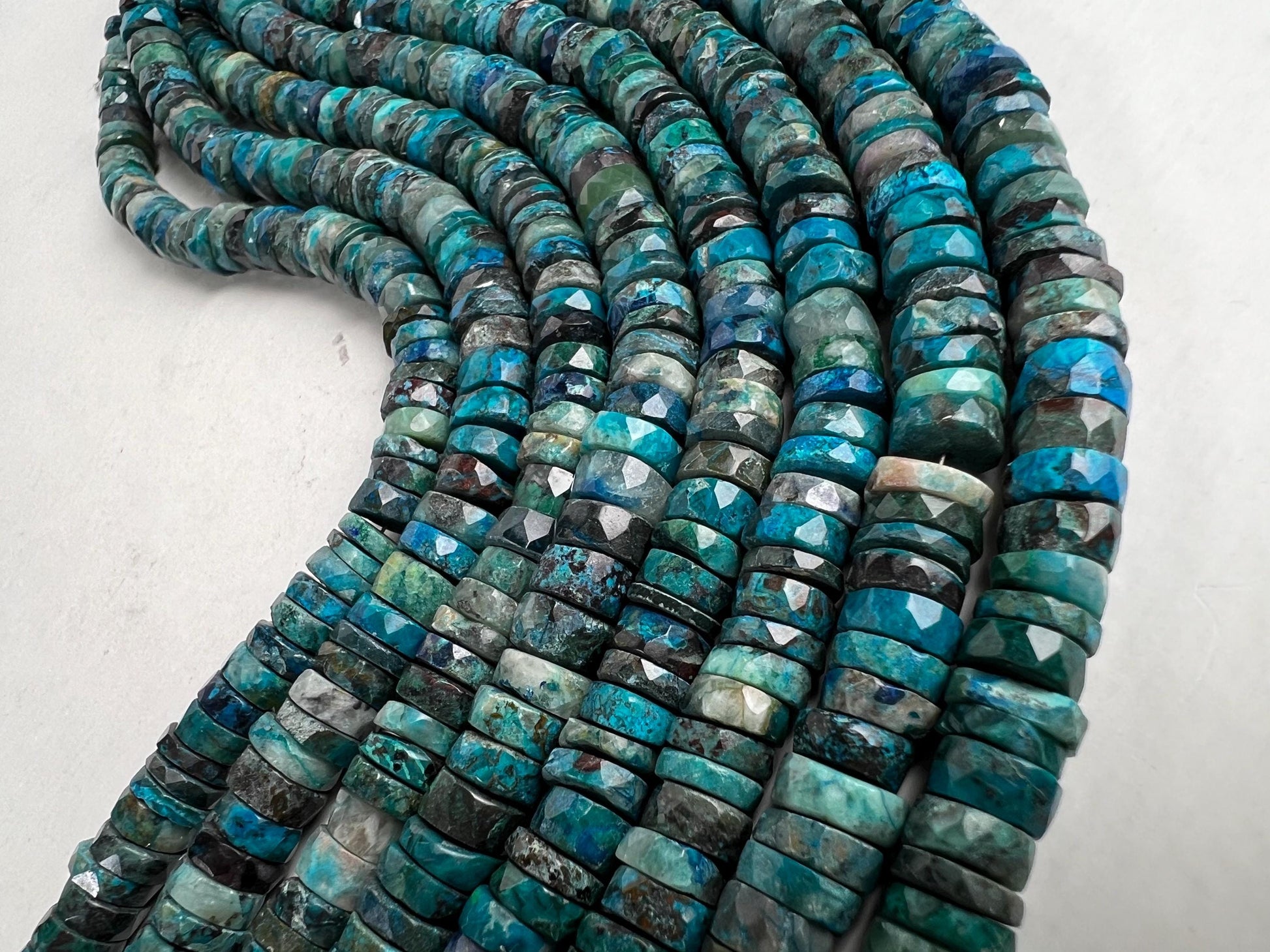 Natural Chrysocolla Faceted heishi wheel tyr roundel 7mm Beautiful blue green AAA Quality quality jewelry making beads. 8” strand