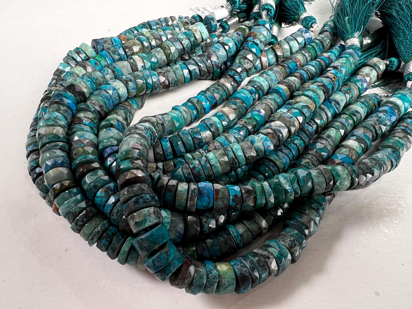 Natural Chrysocolla Faceted heishi wheel tyr roundel 7mm Beautiful blue green AAA Quality quality jewelry making beads. 8” strand