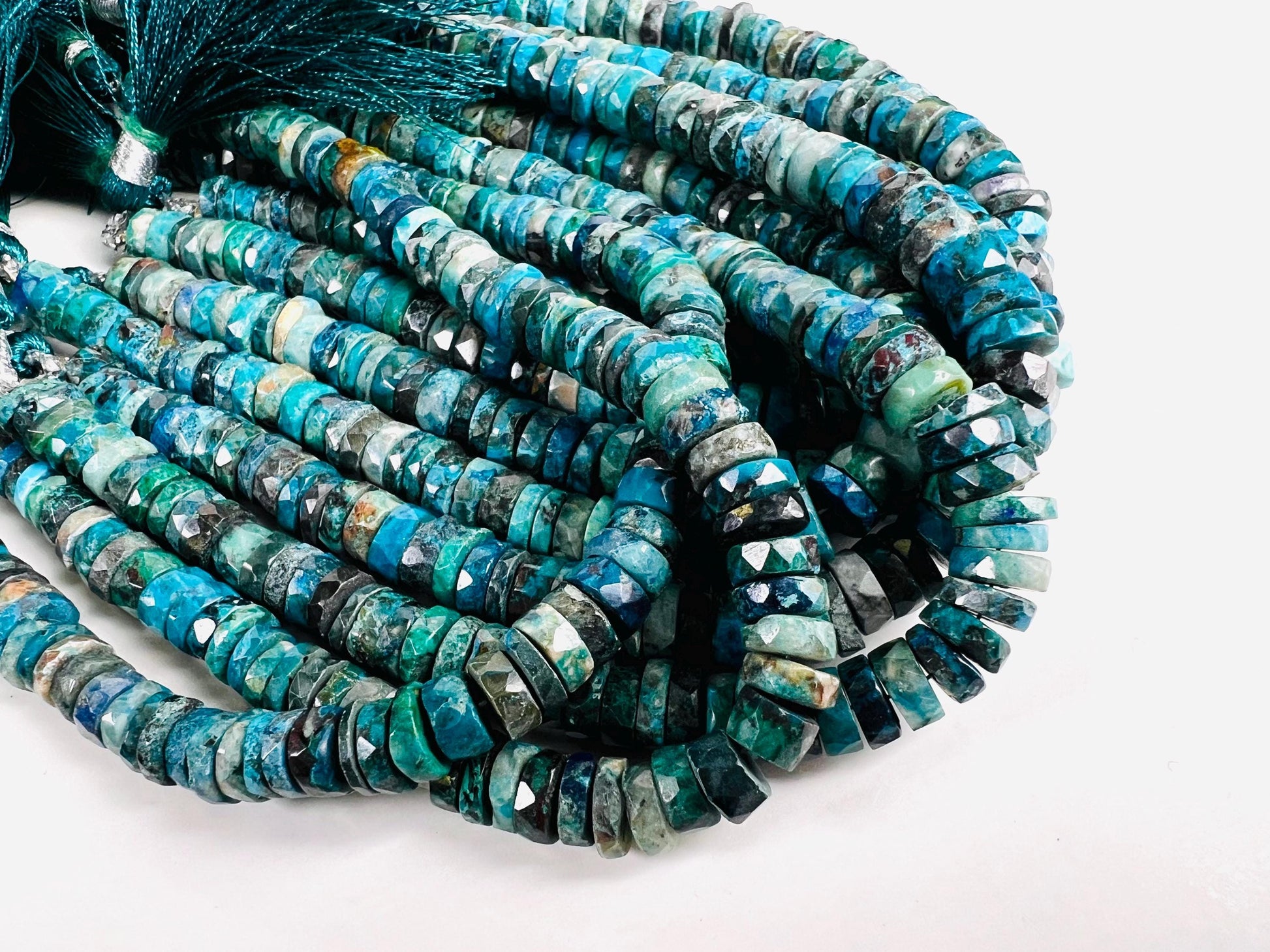 Natural Chrysocolla Faceted heishi wheel tyr roundel 7mm Beautiful blue green AAA Quality quality jewelry making beads. 8” strand