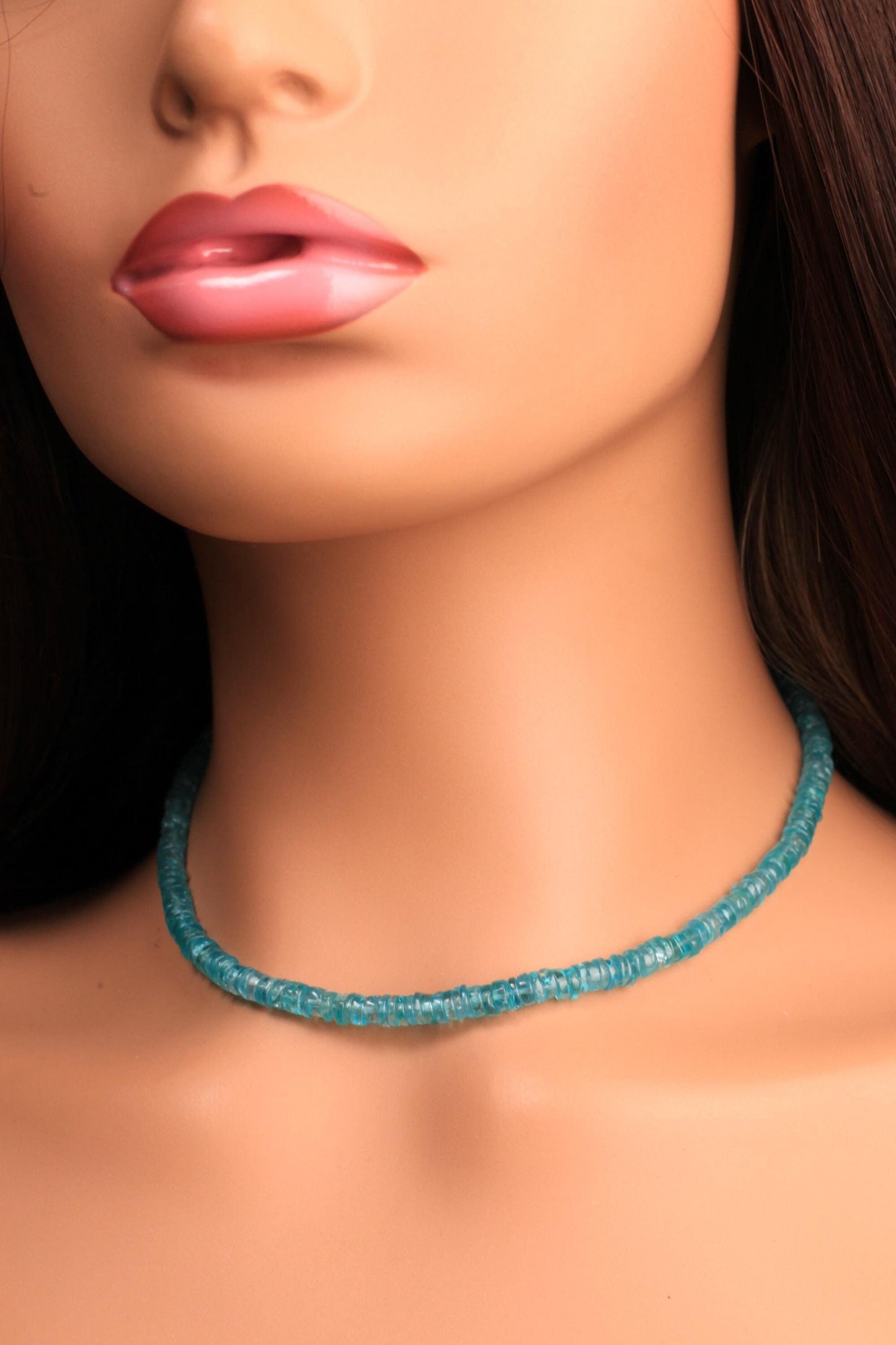 Natural Neon Blue Apatite 5mm Smooth heishi gemstone beaded necklace beautiful aqua neon blue beaded choker or layer necklace