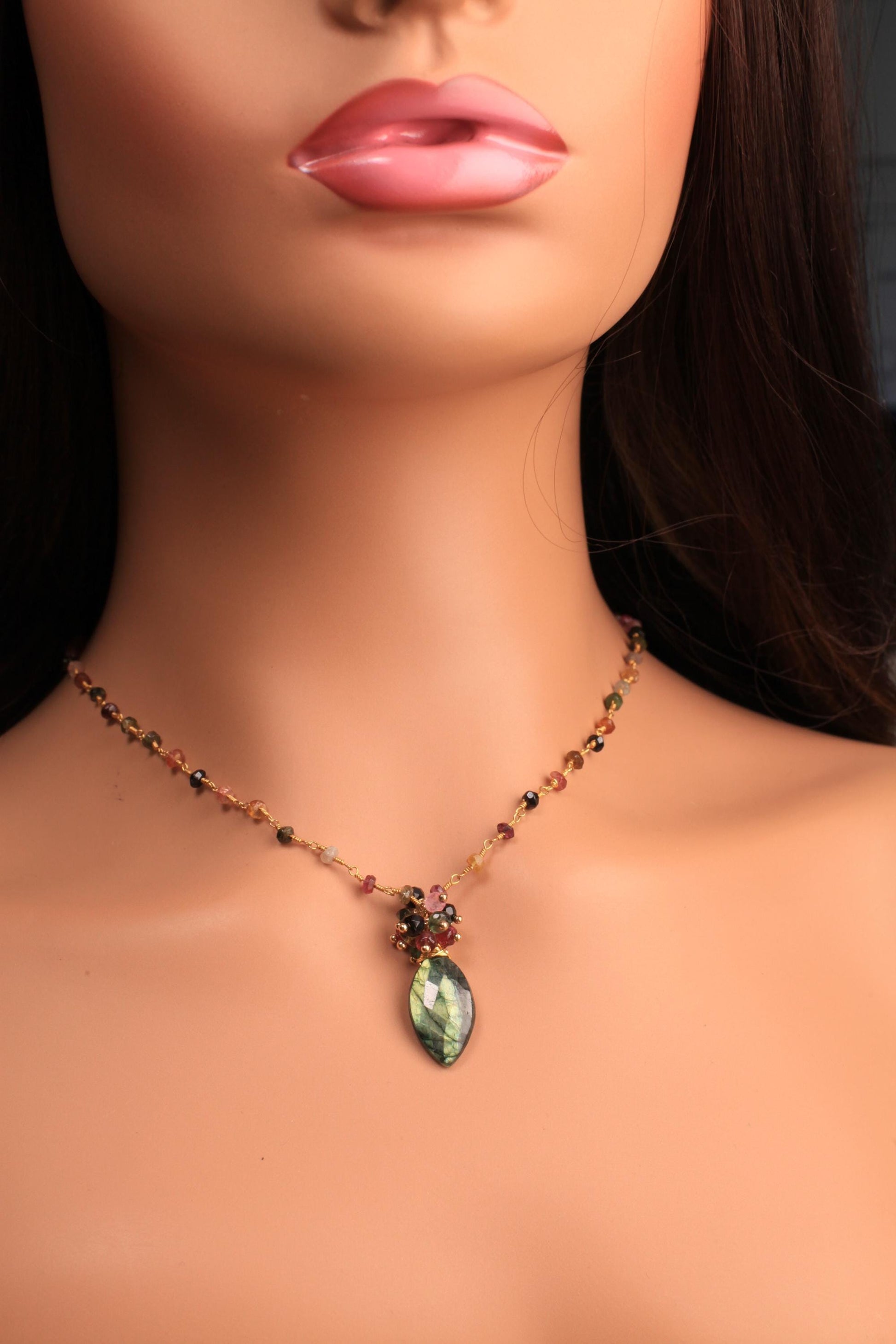 Labradorite Green Blue Flash with Watermelon Tourmaline Cluster pendant with multi Tourmaline chain gold Necklace Boho, Beachwear gift