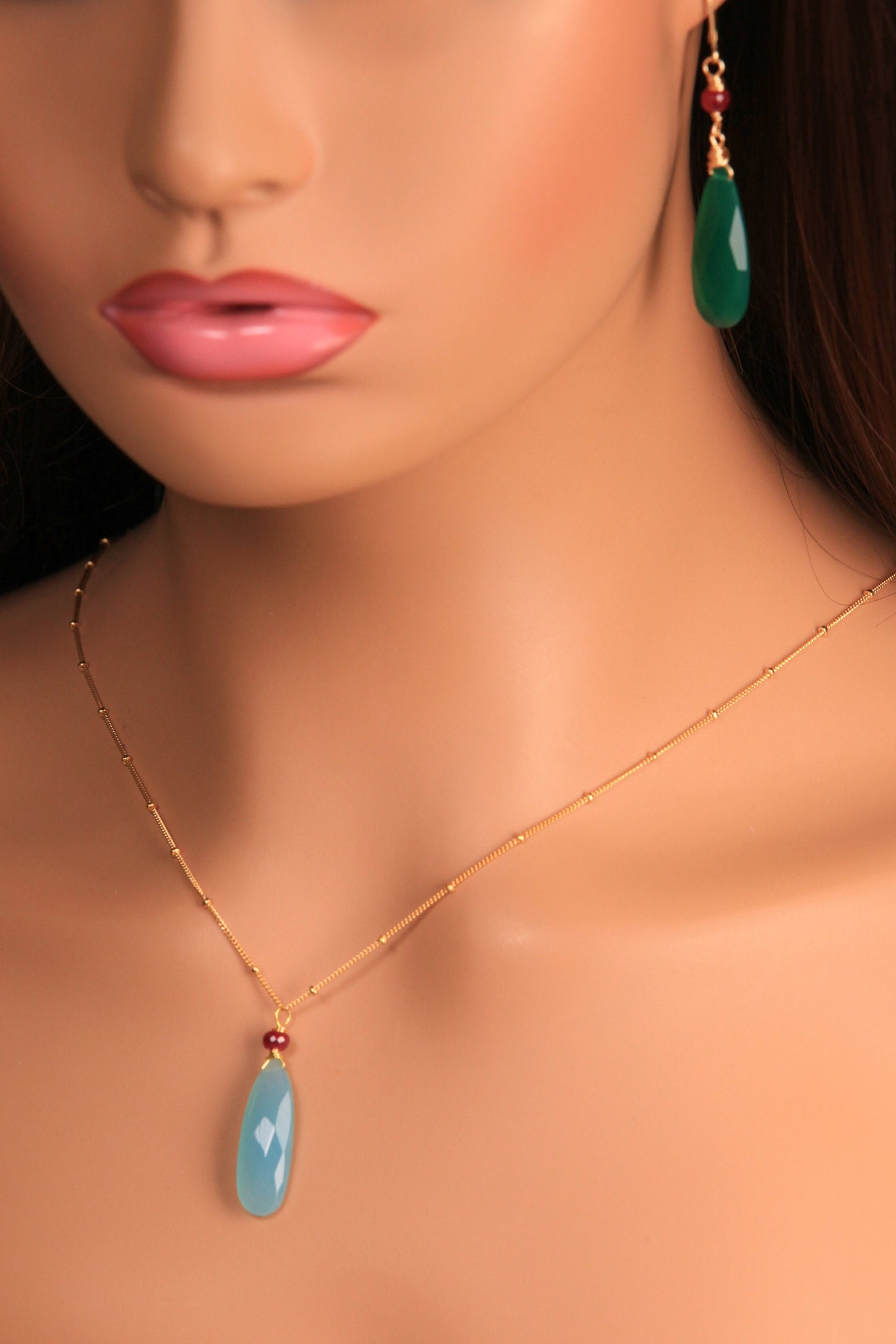 Genuine Blue Chalcedony Faceted Long Pear Drop, genuine Ruby accent 14k Gold Vermeil Satellite Howl Necklace