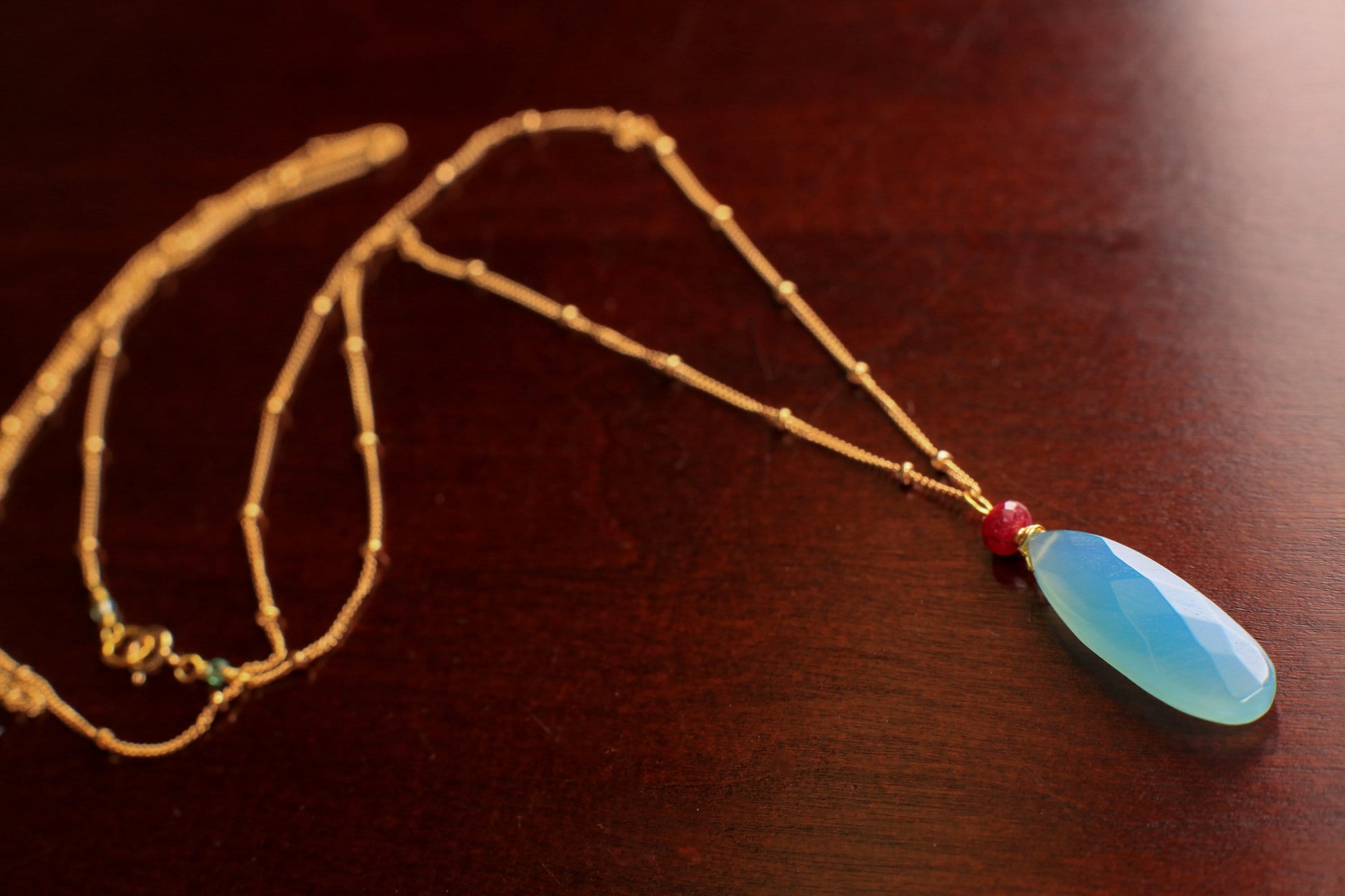 Genuine Blue Chalcedony Faceted Long Pear Drop, genuine Ruby accent 14k Gold Filled Satellite Howl Necklace