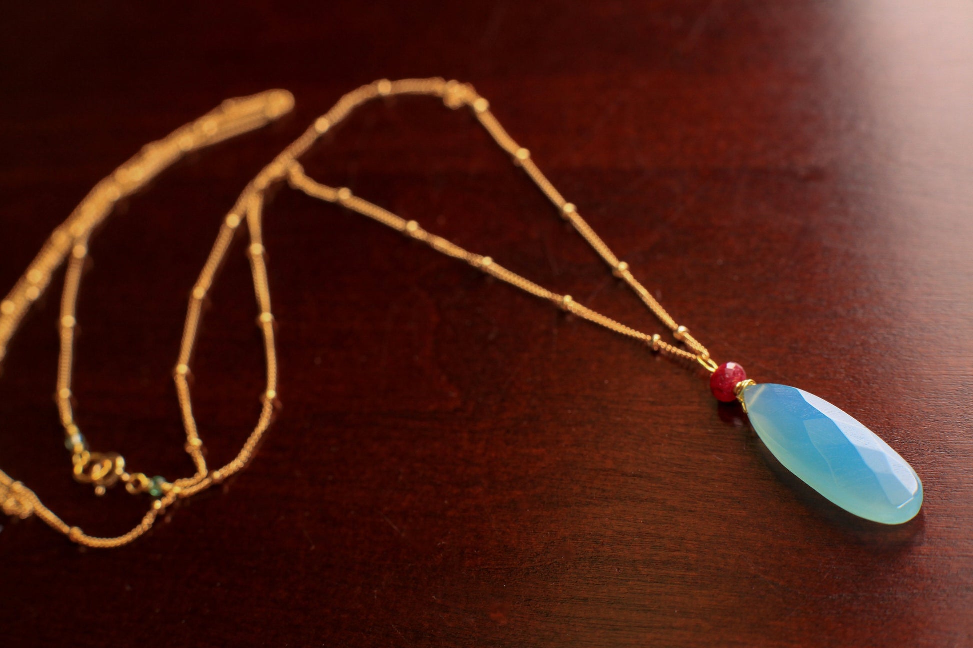 Genuine Blue Chalcedony Faceted Long Pear Drop, genuine Ruby accent 14k Gold Vermeil Satellite Howl Necklace