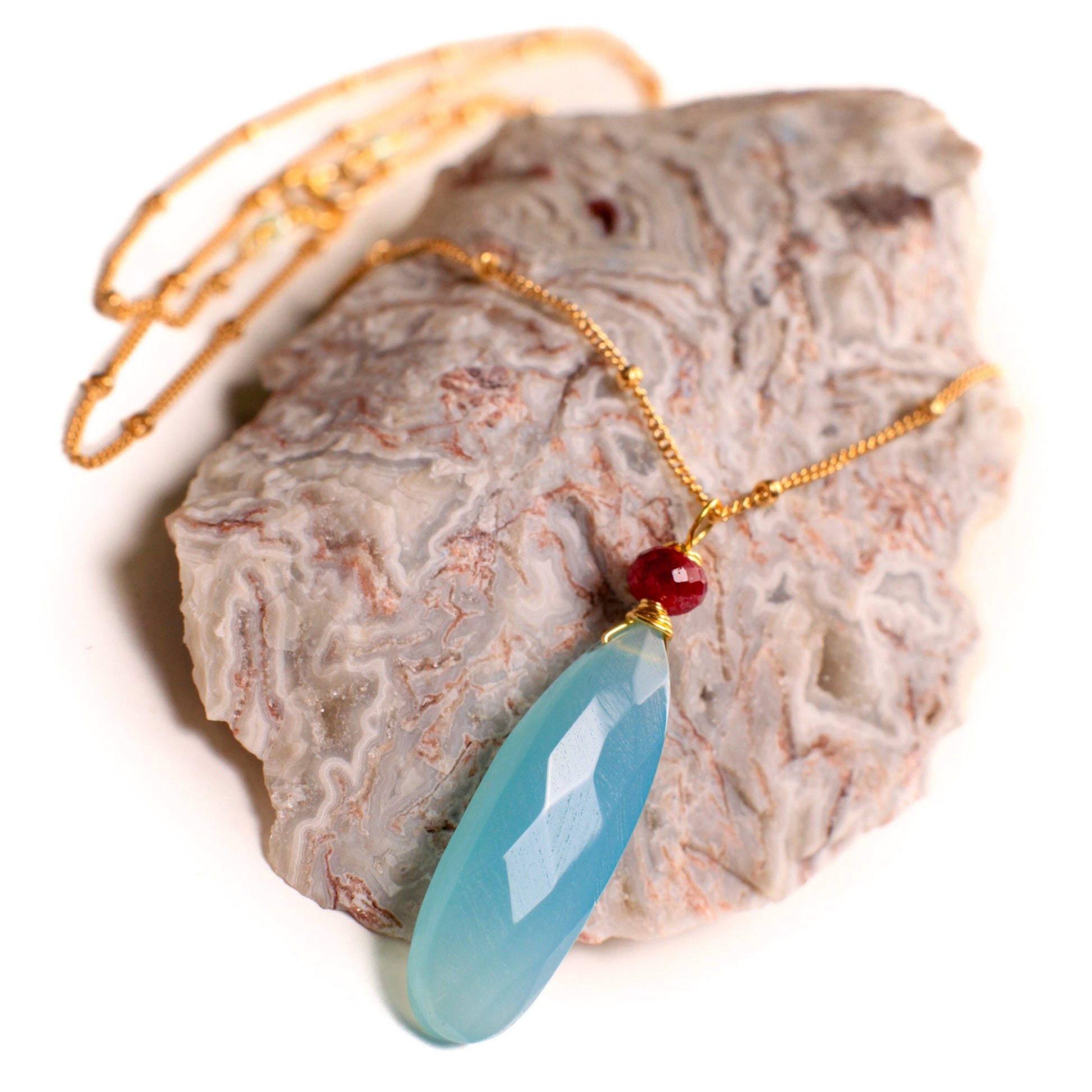 Genuine Blue Chalcedony Faceted Long Pear Drop, genuine Ruby accent 14k Gold Vermeil Satellite Howl Necklace