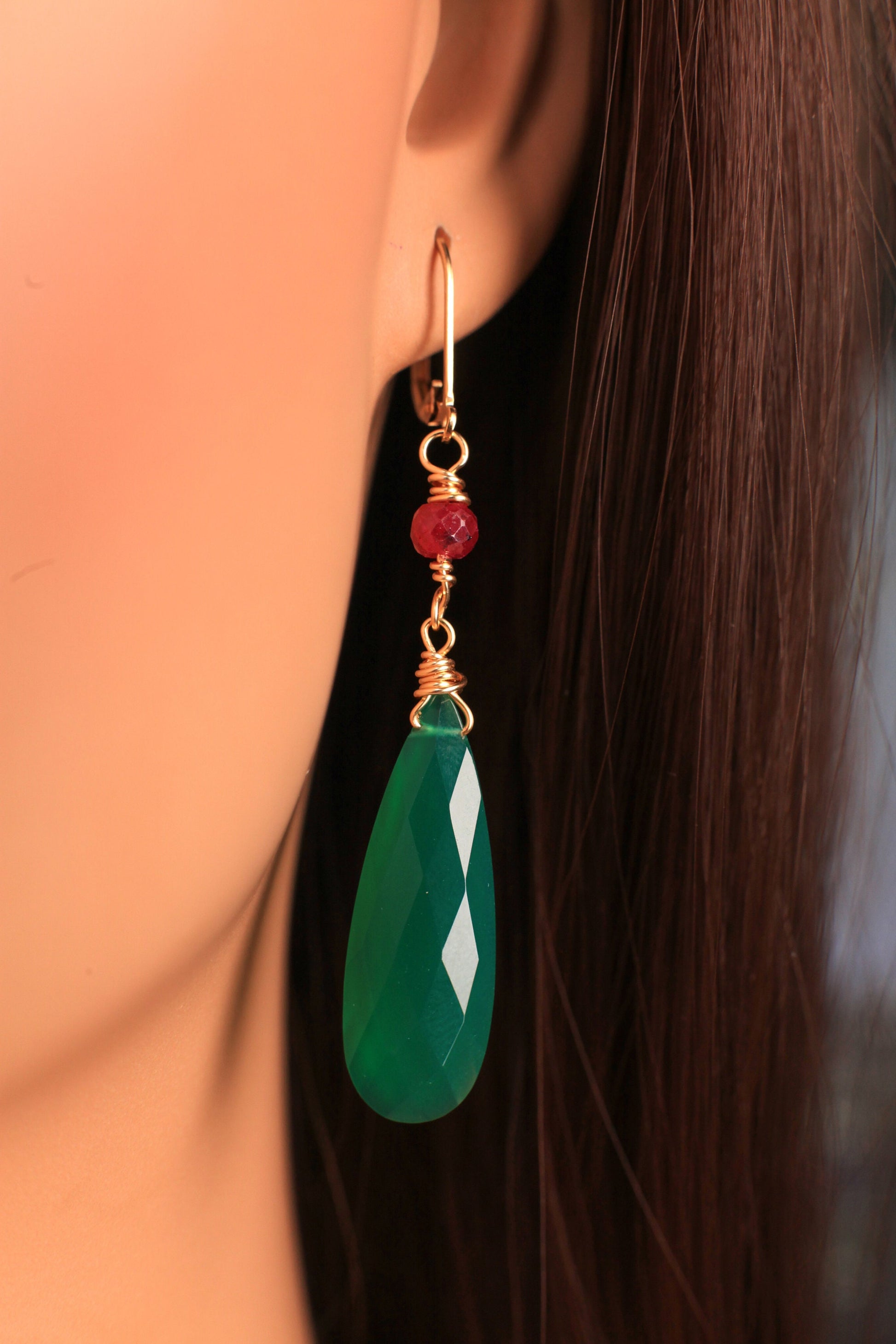 Green Onyx Faceted Long Pear Drop 10x30mm Wire Wrapped, 4mm Genuine Ruby accent 14k Gold Filled Leverback Earring, Elegant Gift