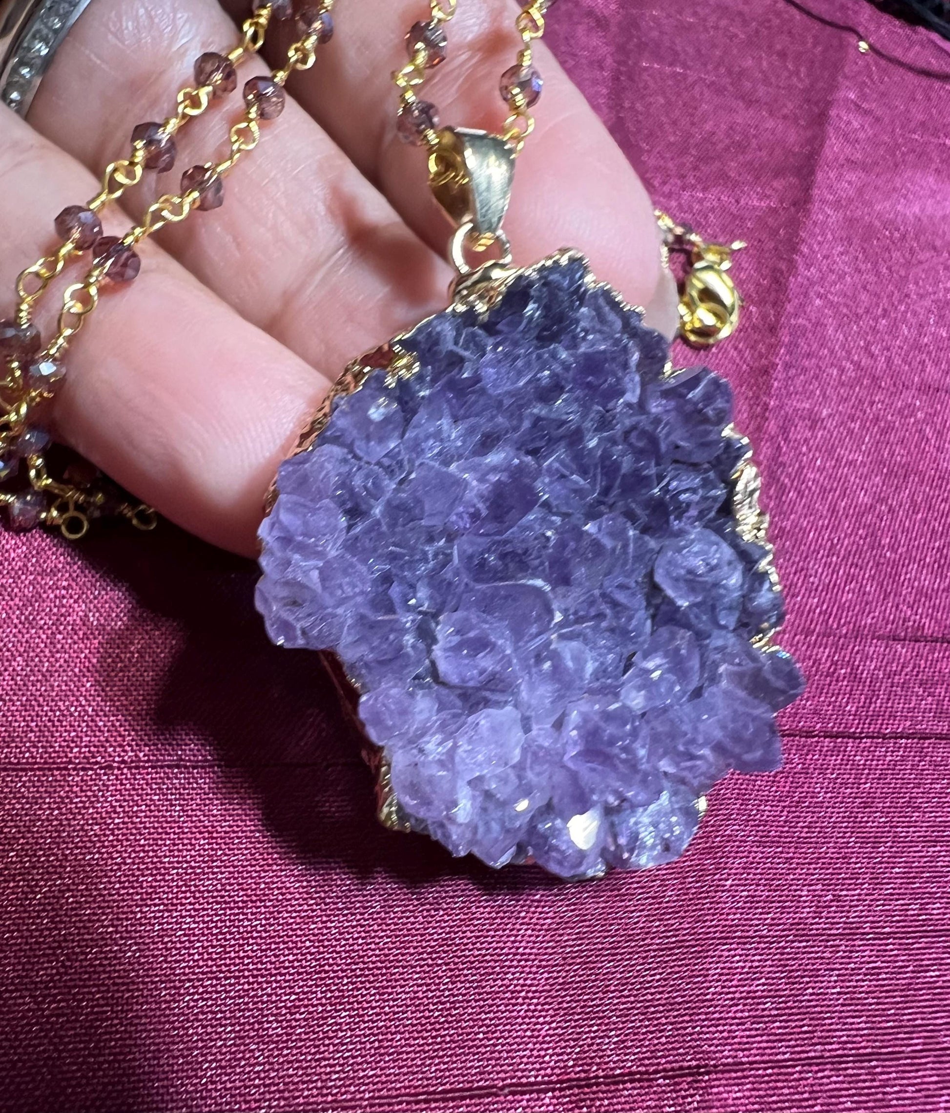 Amethyst Geode Gold Plated Druzy Chunk 22x37mm long , 20mm thick Pendant matching Faceted Amethyst chain 20" Necklace 3" Extension Chain