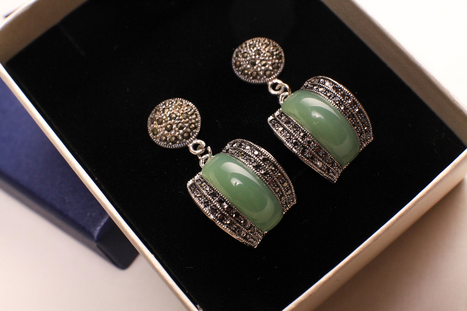 Marcasite Jade Earrings 925 Sterling Silver Post Earrings, Vintage, Antique Marcasite Earrings Gift for her