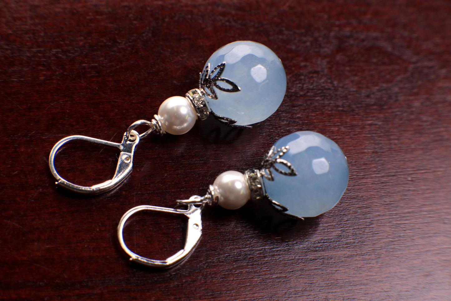 Periwinkle Blue Chalcedony 14mm Faceted Round with White South Seashell Pearl Hammered Leaf Cap Gold, Silver Leverback Earrings