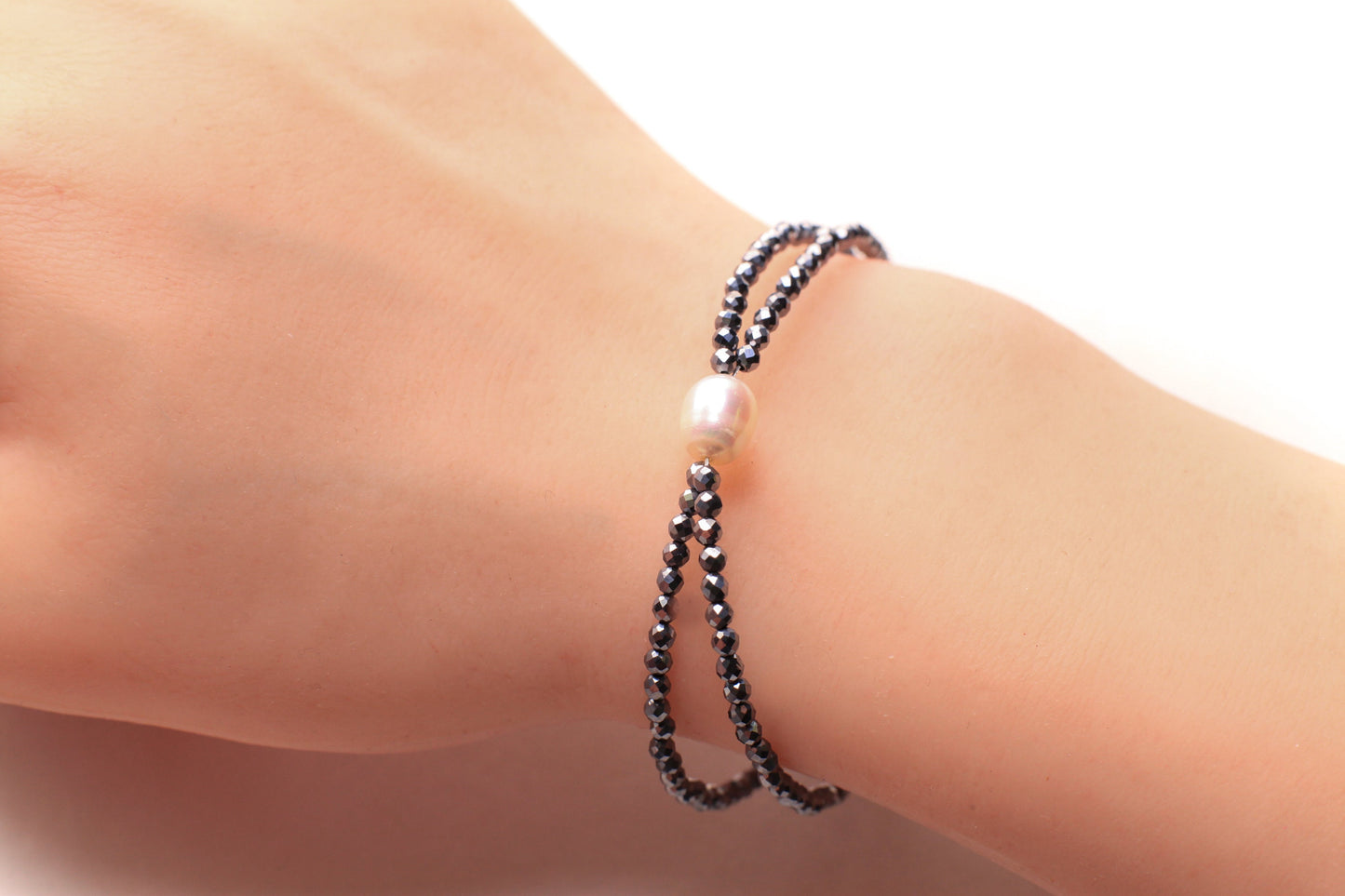 Natural Terahertz 2mm Micro Faceted Diamond Cut 925 Sterling Silver Double Layer Freshwater Pearl Bracelet