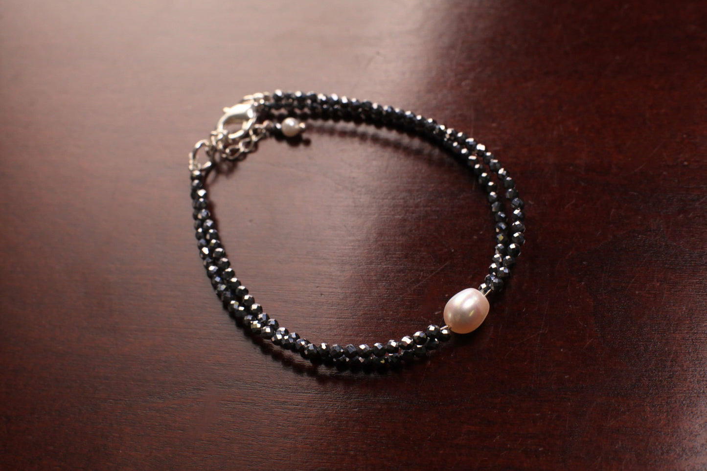 Natural Terahertz 2mm Micro Faceted Diamond Cut 925 Sterling Silver Double Layer Freshwater Pearl Bracelet