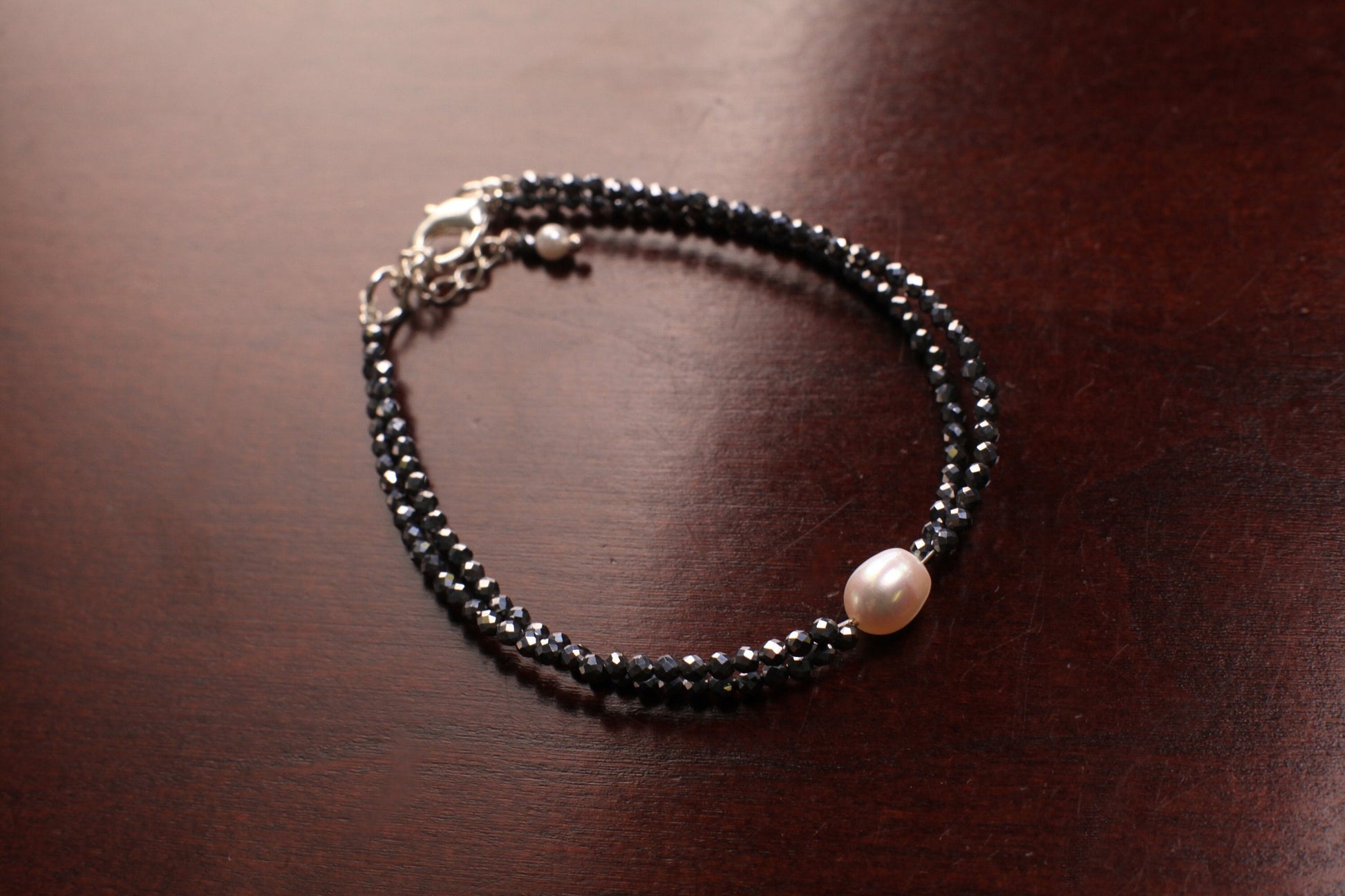 Natural Terahertz 2mm Micro Faceted Diamond Cut 925 Sterling Silver Double Layer Freshwater Pearl Bracelet