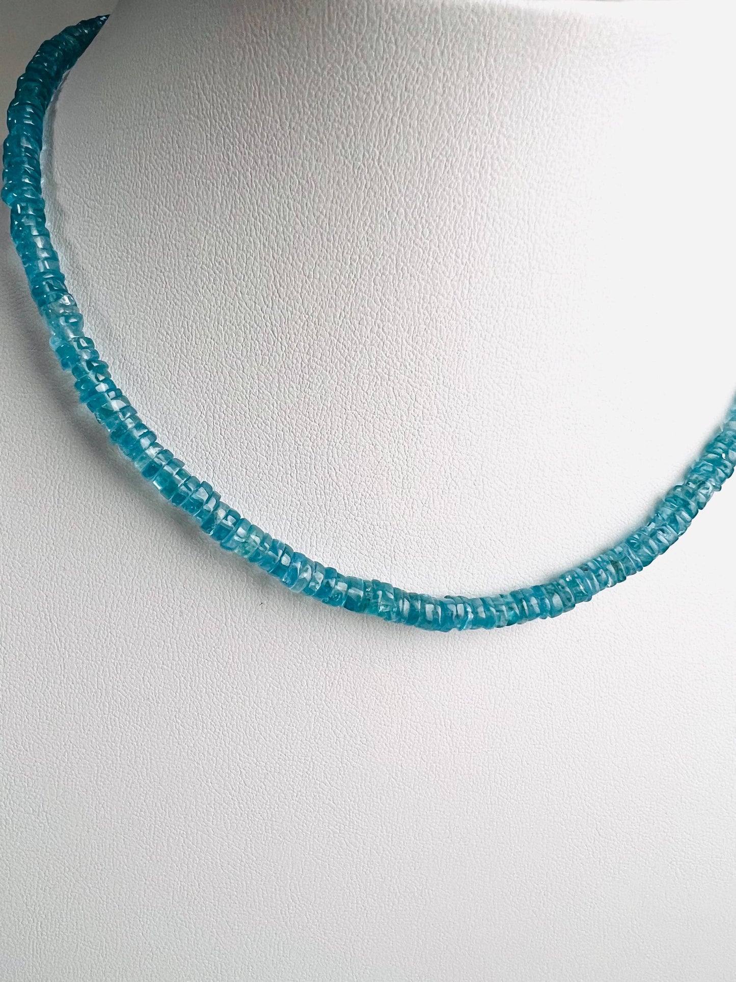 Natural Neon Blue Apatite 5mm Smooth heishi gemstone beaded necklace beautiful aqua neon blue beaded choker or layer necklace