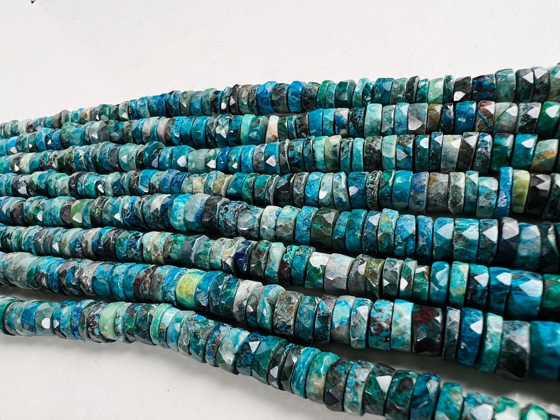 Natural Chrysocolla Faceted heishi wheel tyr roundel 7mm Beautiful blue green AAA Quality quality jewelry making beads. 8” strand