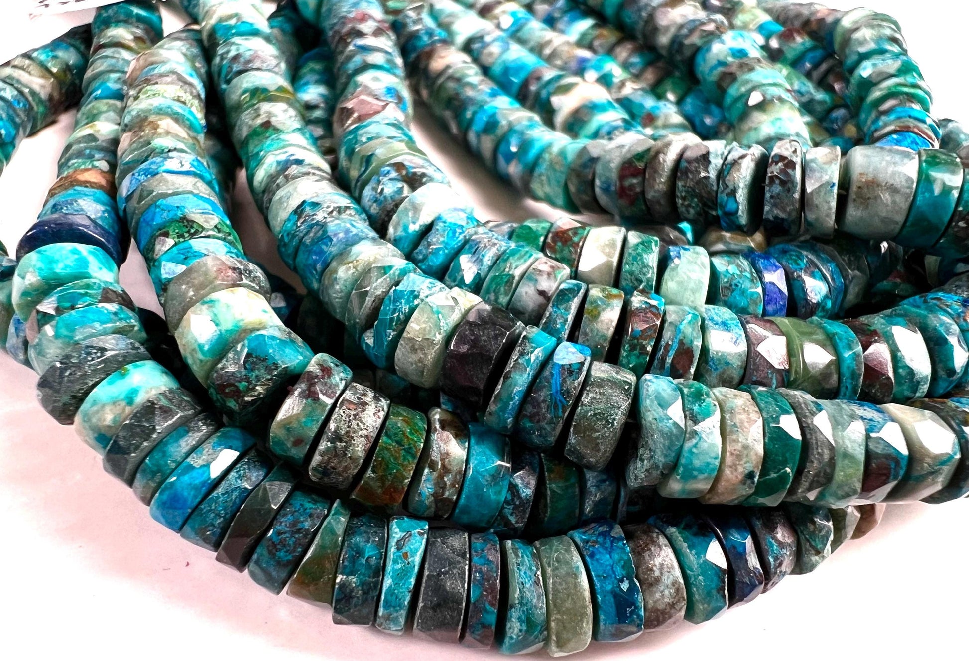 Natural Chrysocolla Faceted heishi wheel tyr roundel 7mm Beautiful blue green AAA Quality quality jewelry making beads. 8” strand