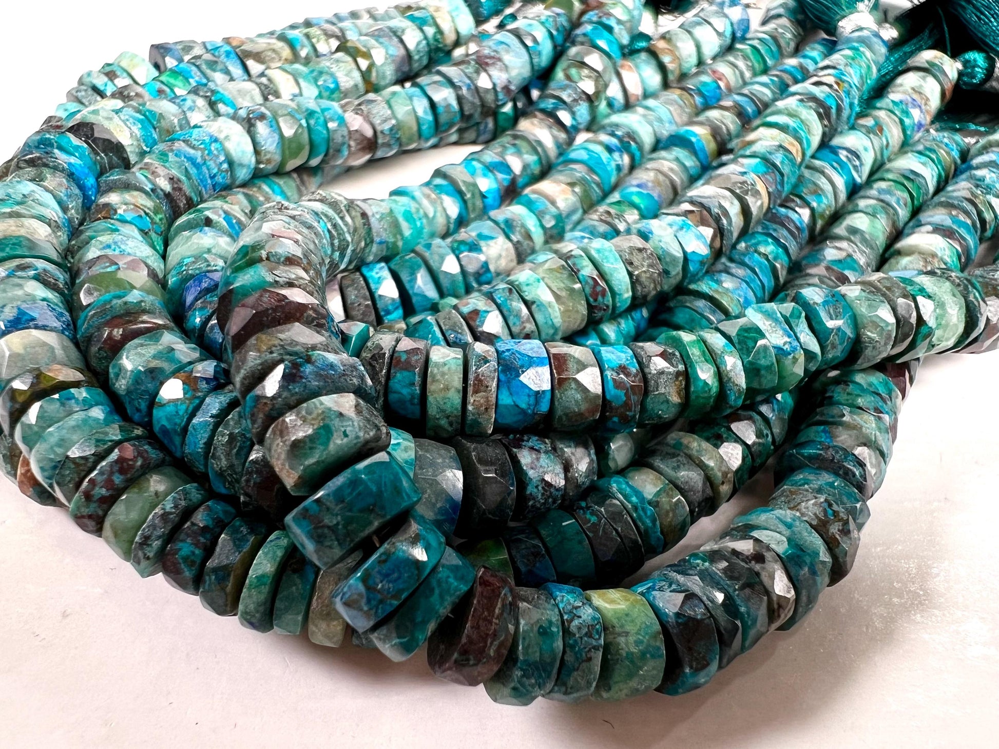 Natural Chrysocolla Faceted heishi wheel tyr roundel 7mm Beautiful blue green AAA Quality quality jewelry making beads. 8” strand