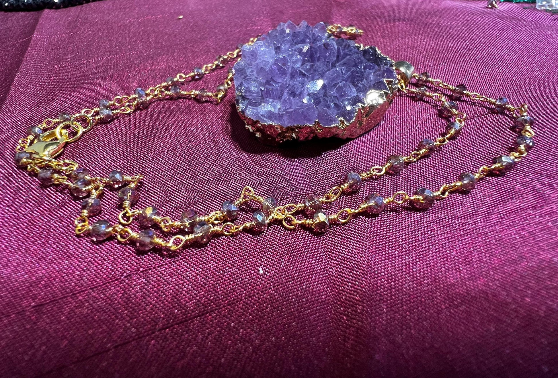 Amethyst Geode Gold Plated Druzy Chunk 22x37mm long , 20mm thick Pendant matching Faceted Amethyst chain 20" Necklace 3" Extension Chain