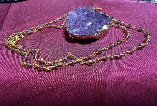 Amethyst Geode Gold Plated Druzy Chunk 22x37mm long , 20mm thick Pendant matching Faceted Amethyst chain 20" Necklace 3" Extension Chain