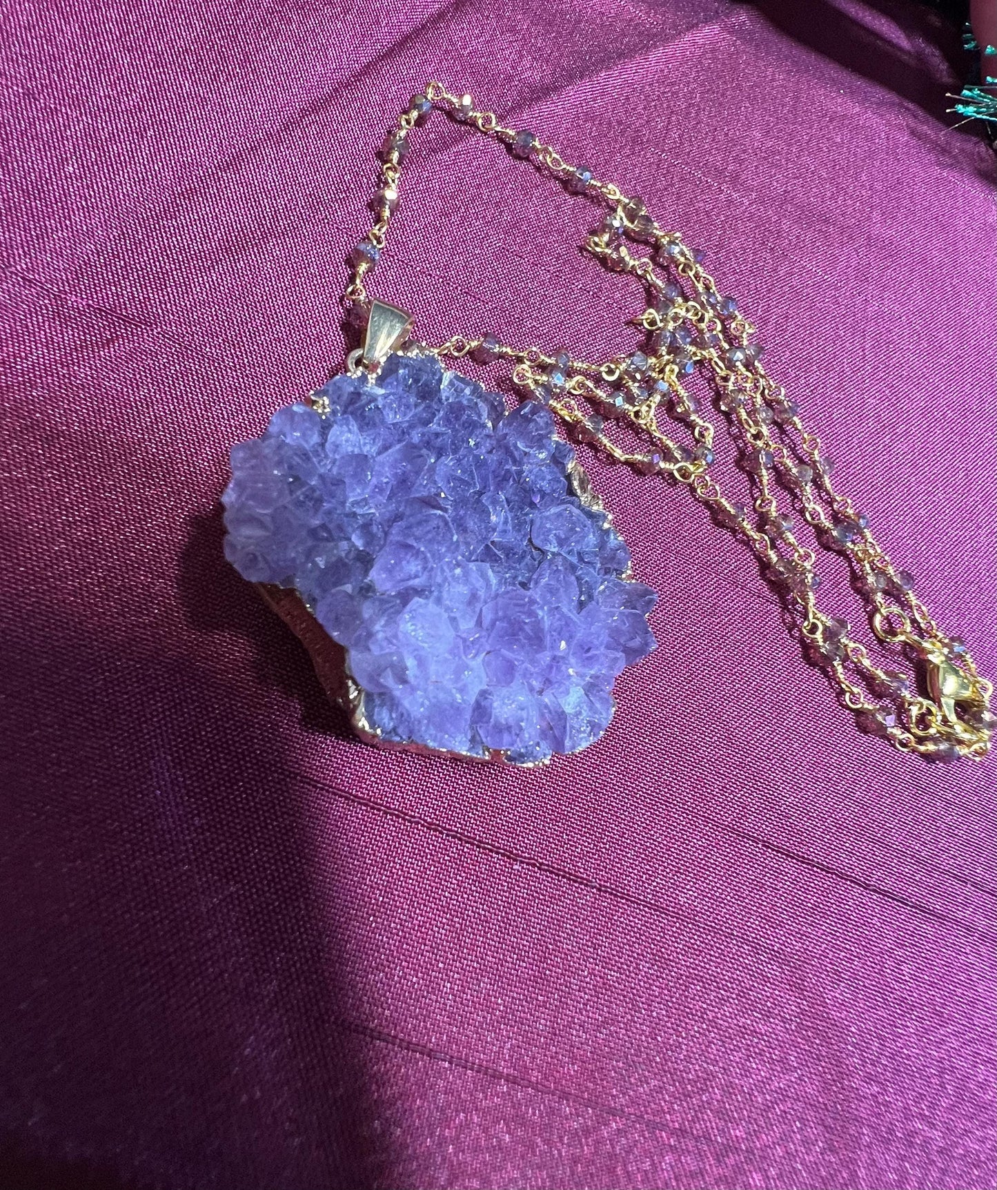 Amethyst Geode Gold Plated Druzy Chunk 22x37mm long , 20mm thick Pendant matching Faceted Amethyst chain 20" Necklace 3" Extension Chain