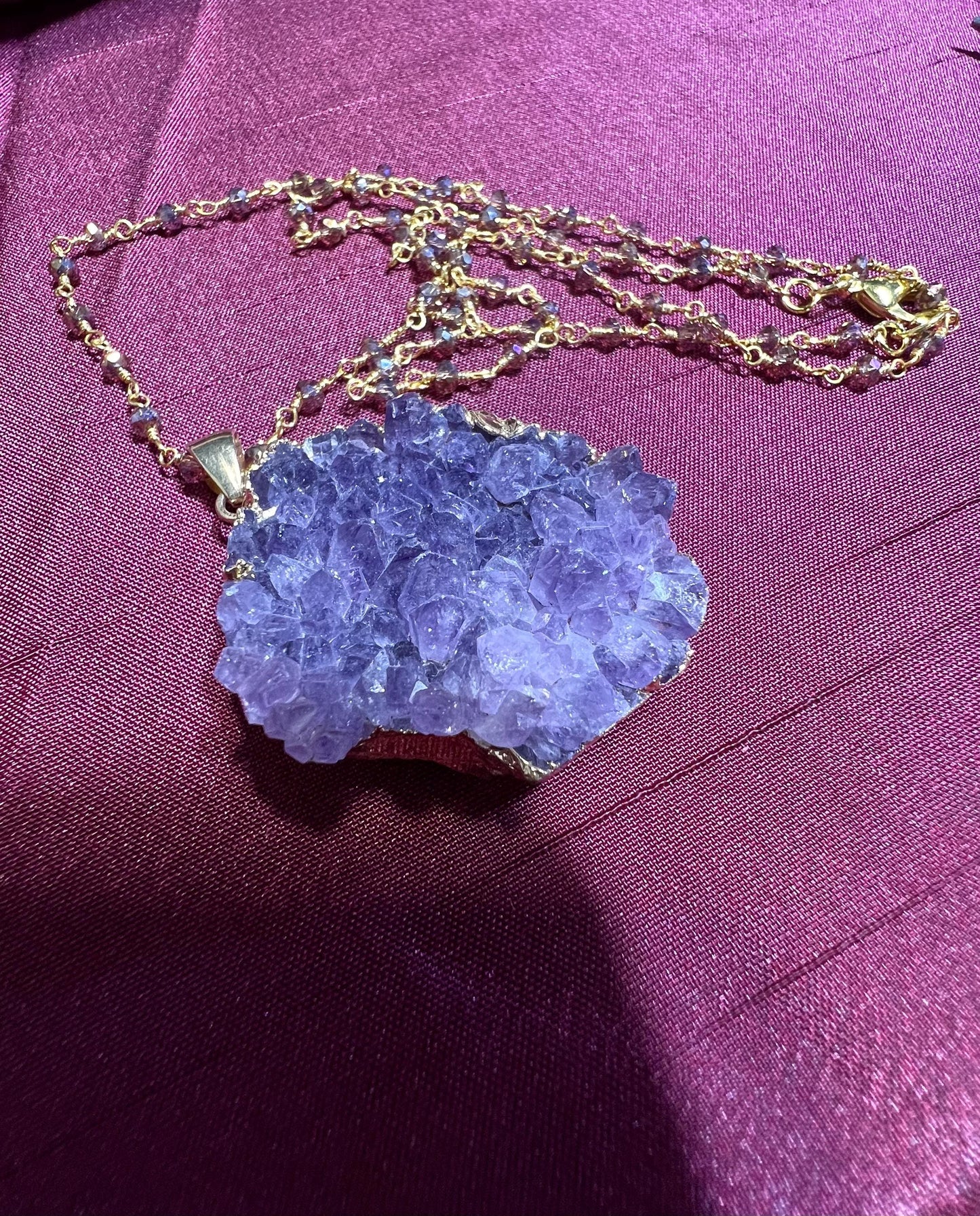 Amethyst Geode Gold Plated Druzy Chunk 22x37mm long , 20mm thick Pendant matching Faceted Amethyst chain 20" Necklace 3" Extension Chain