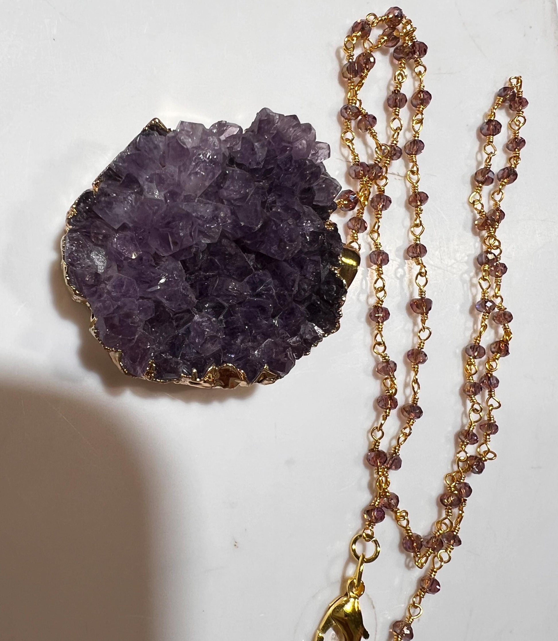 Amethyst Geode Gold Plated Druzy Chunk 22x37mm long , 20mm thick Pendant matching Faceted Amethyst chain 20" Necklace 3" Extension Chain