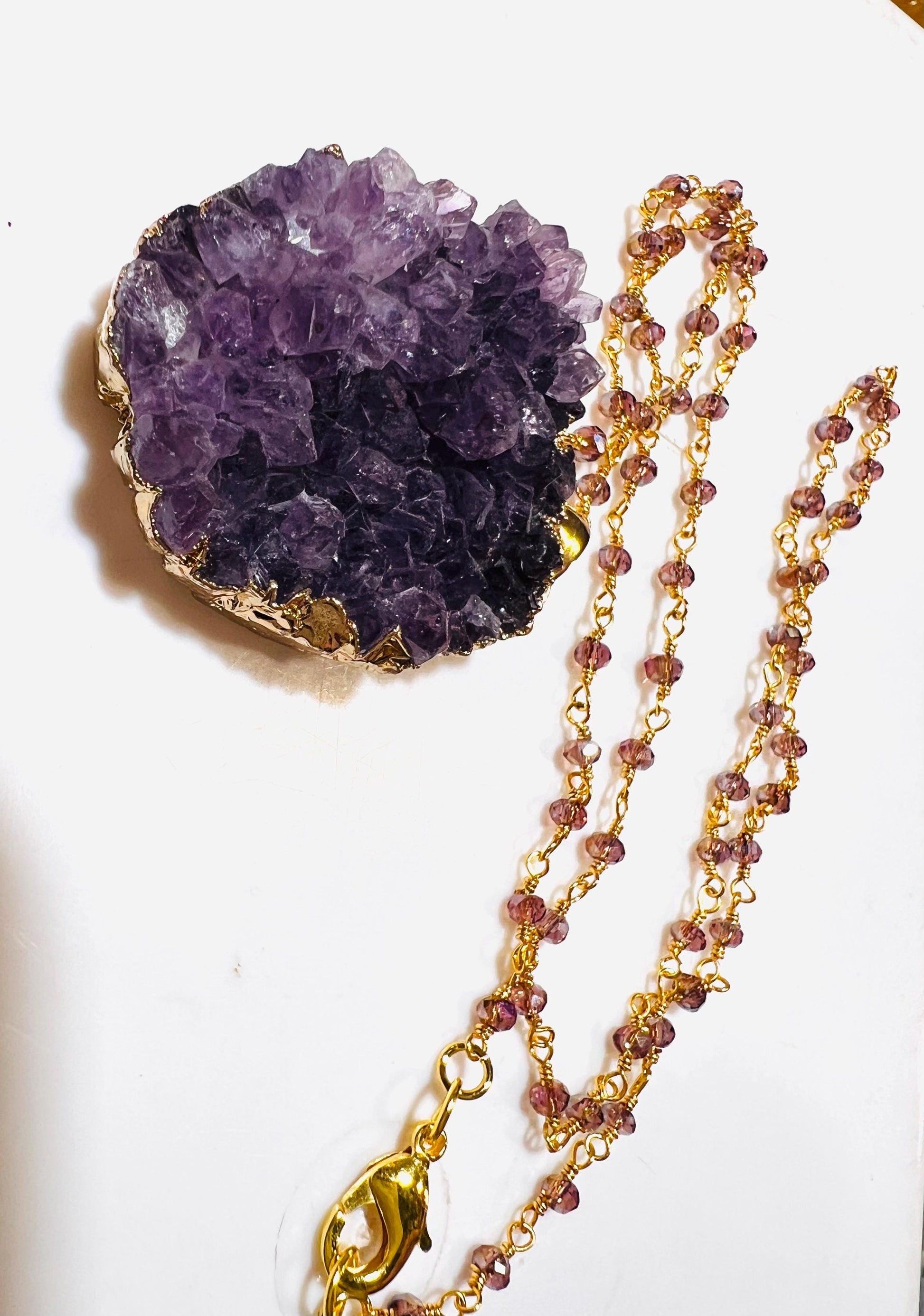 Amethyst Geode Gold Plated Druzy Chunk 22x37mm long , 20mm thick Pendant matching Faceted Amethyst chain 20" Necklace 3" Extension Chain