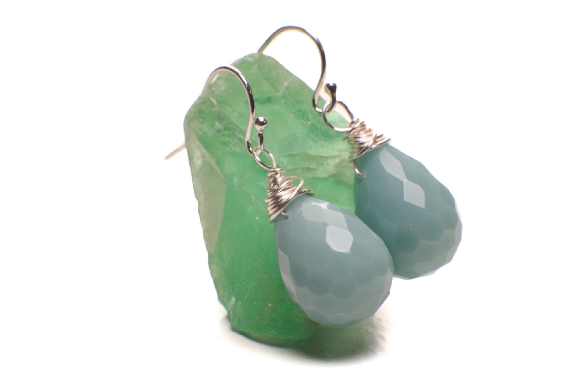 Natural Amazonite Briolette 12x16mm Wire Wrapped Earring, Dangling Ammonite in 925 Sterling Silver Ear Wire, Soothing Earring