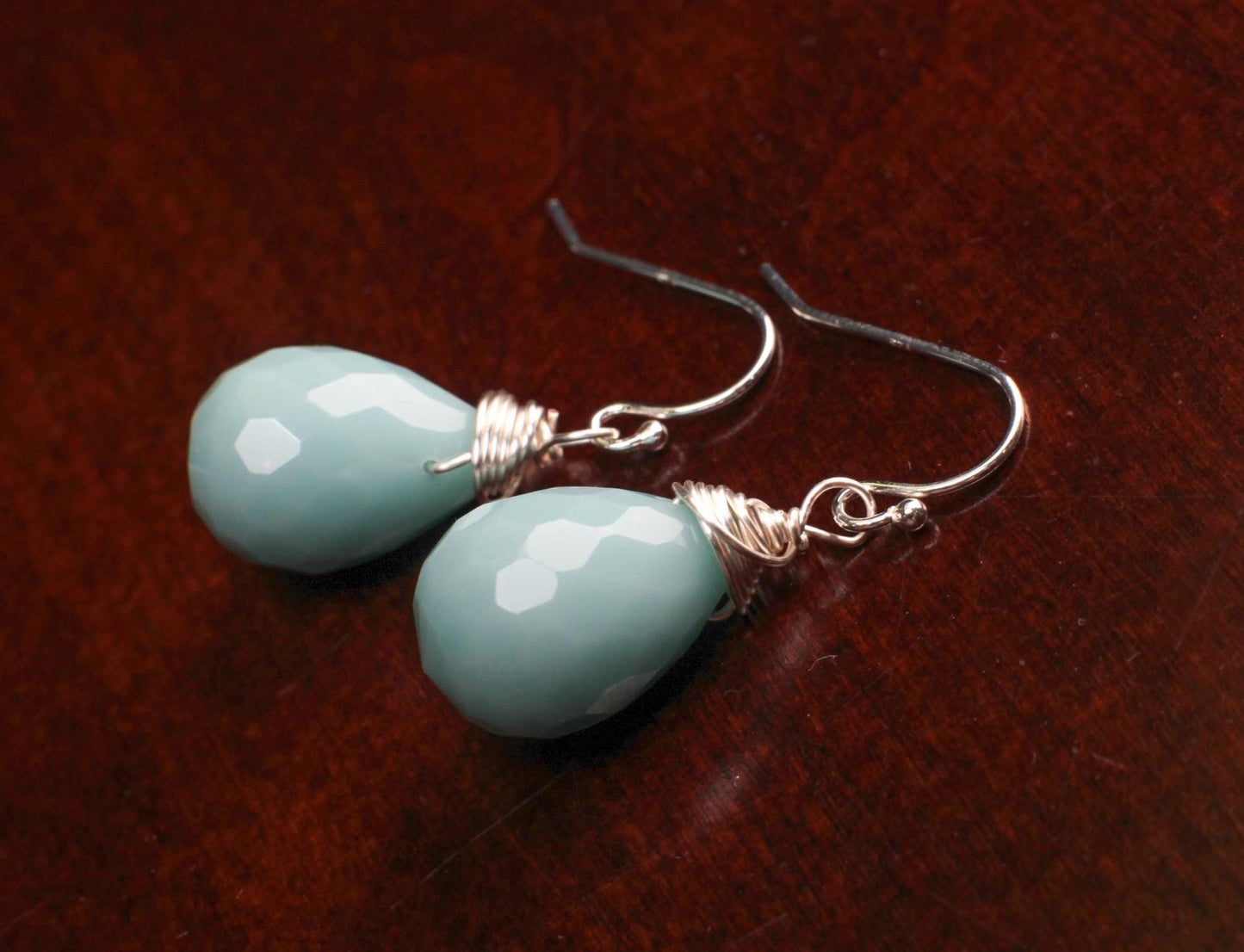 Natural Amazonite Briolette 12x16mm Wire Wrapped Earring, Dangling Ammonite in 925 Sterling Silver Ear Wire, Soothing Earring