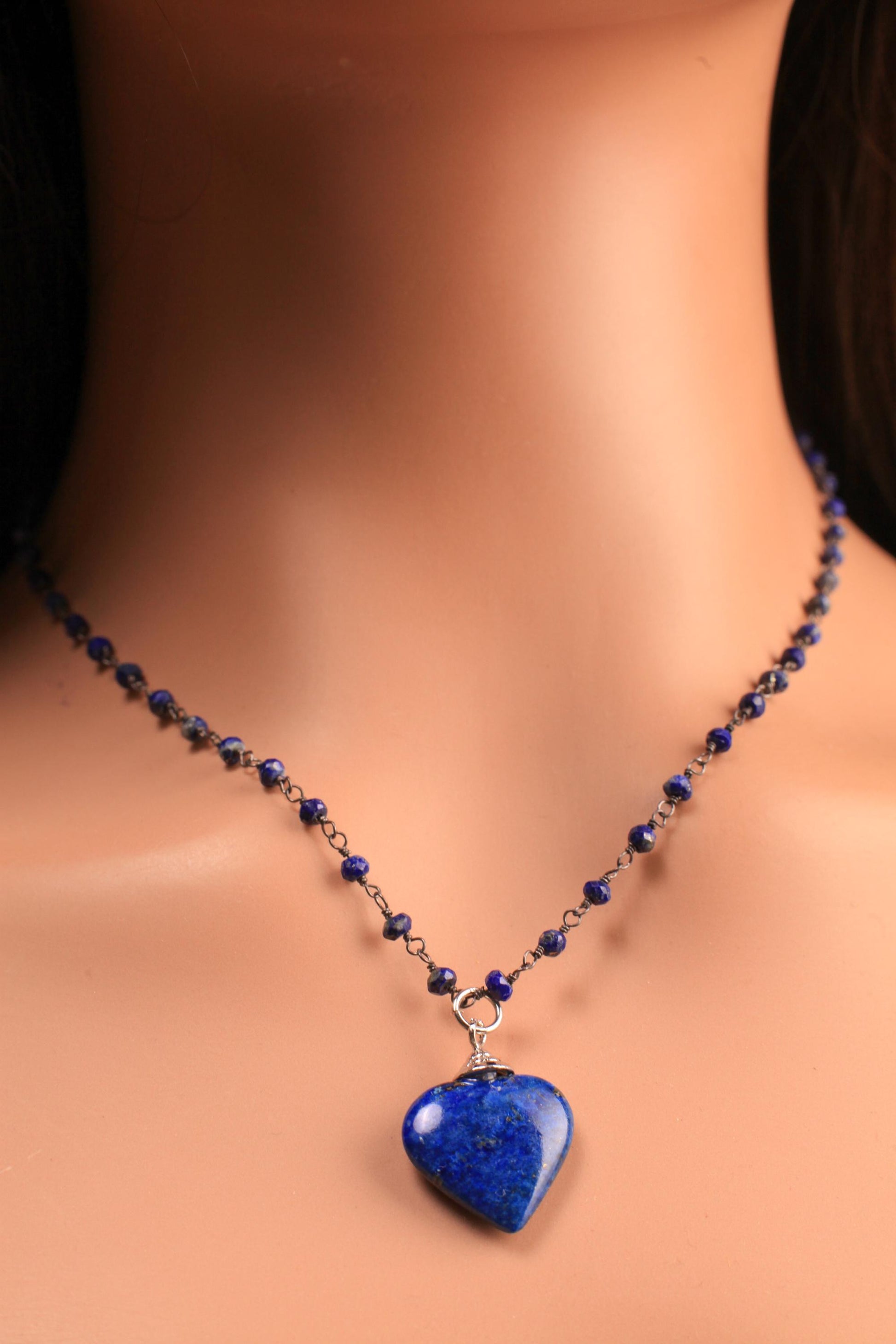 Natural Lapis Lazuli 3mm Faceted Chain, Dangling 21mm lapis Lazuli heart black oxidized Elegant simple Necklace, gift