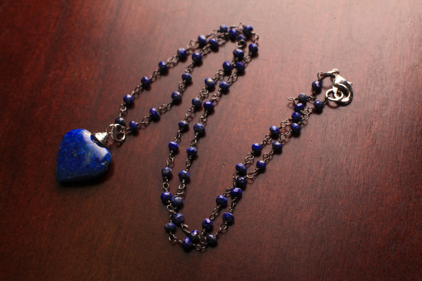 Natural Lapis Lazuli 3mm Faceted Chain, Dangling 21mm lapis Lazuli heart black oxidized Elegant simple Necklace, gift